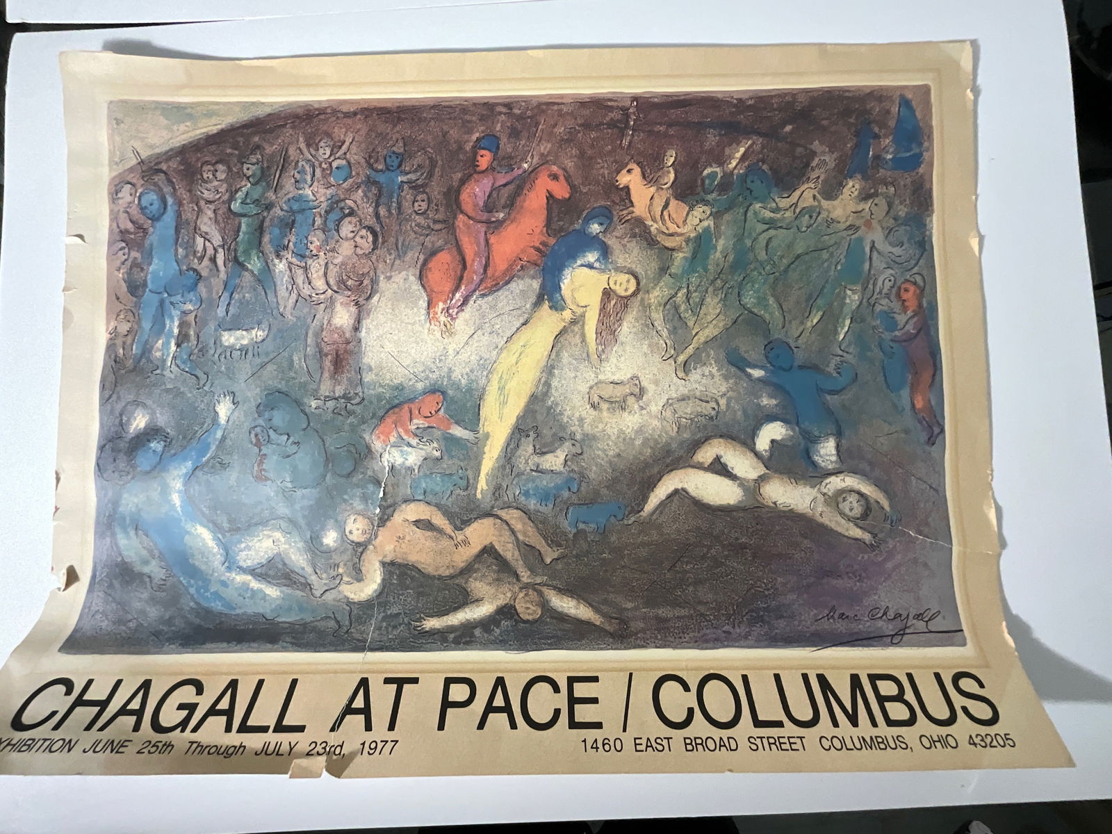 Marc Chagall Print (1977): Marc Chagall print 1977, measures 33.5 x 25 inches, rough condition.