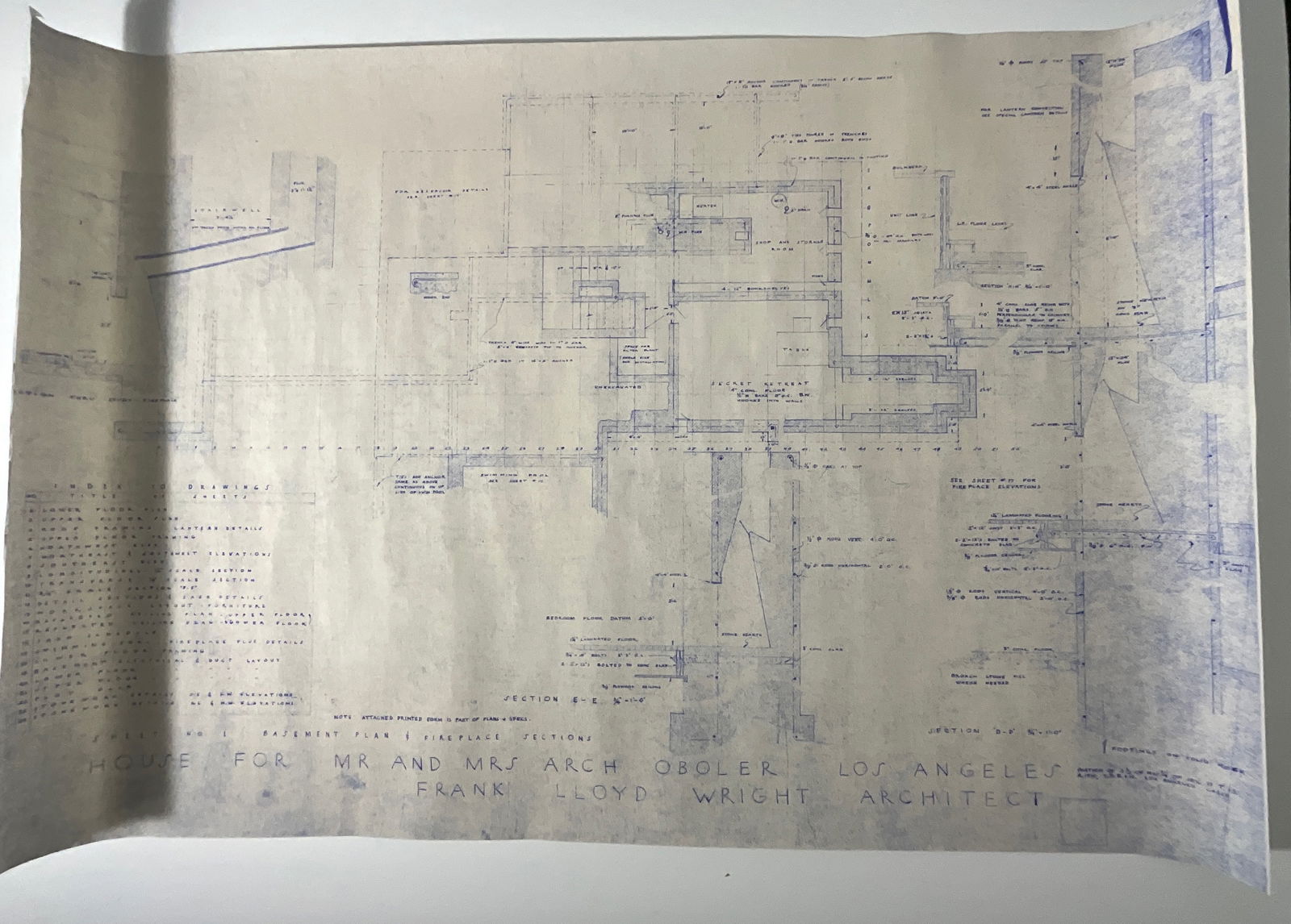 Frank Lloyd Wright Blueprint: Frank Lloyd Wright Blueprint, measures 36 x 24 inches.