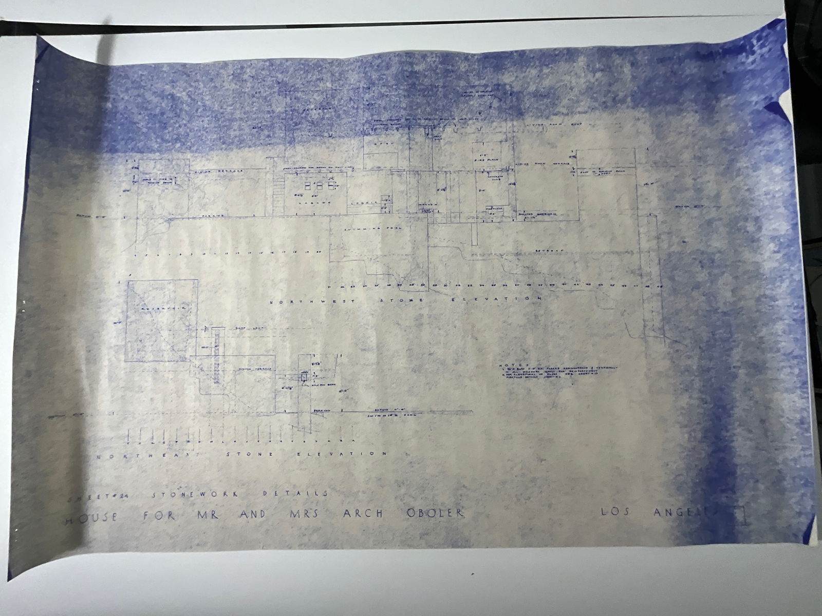 Frank Lloyd Wright Blueprint Oboler House: Frank Lloyd Wright Blueprint, measures 36 x 24 inches, Arch Oboler house Los Angeles.