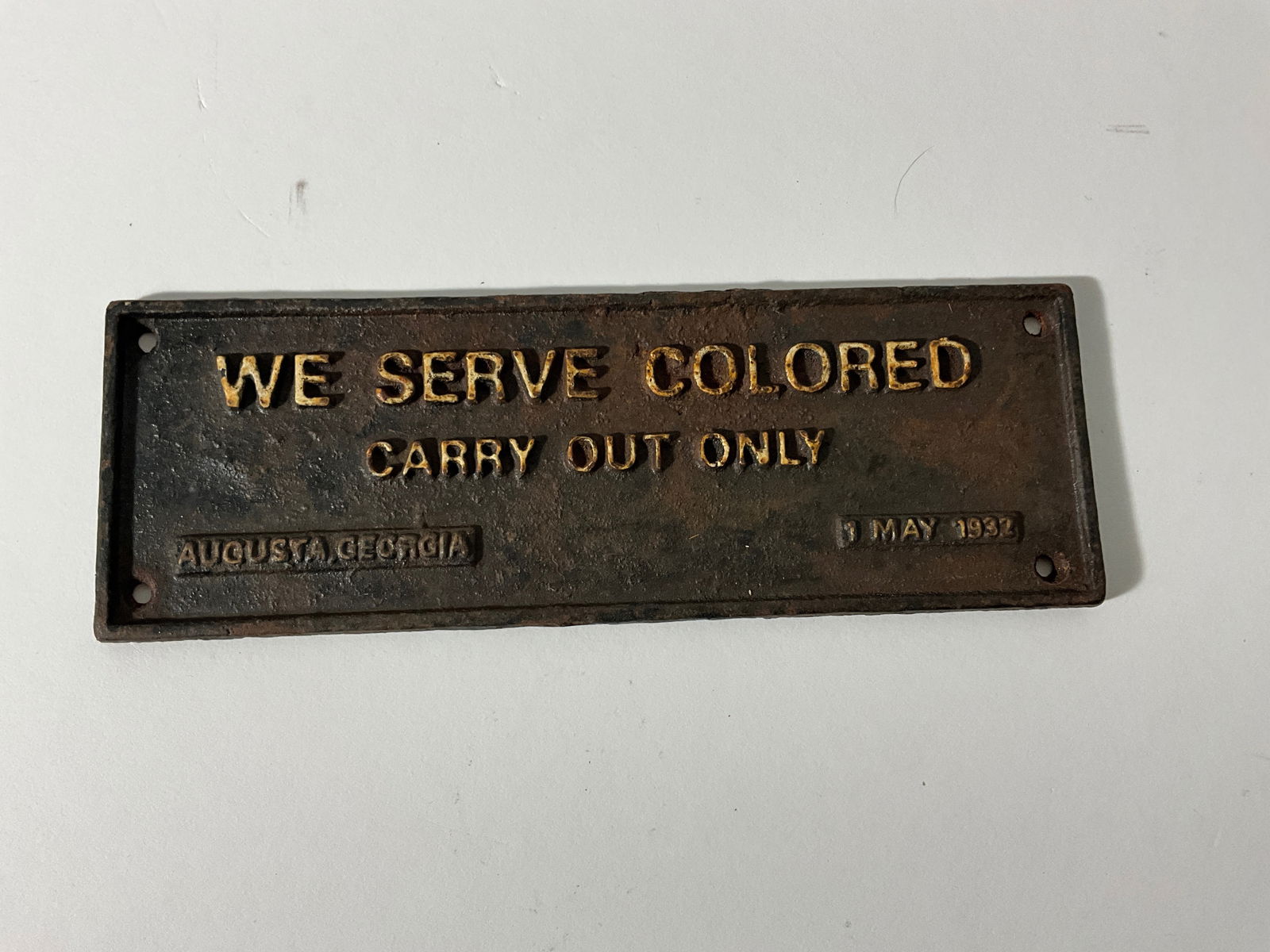 Segregation Sign (1932): Black Americano segregation sign 1932, measures 8 x 3 inches.