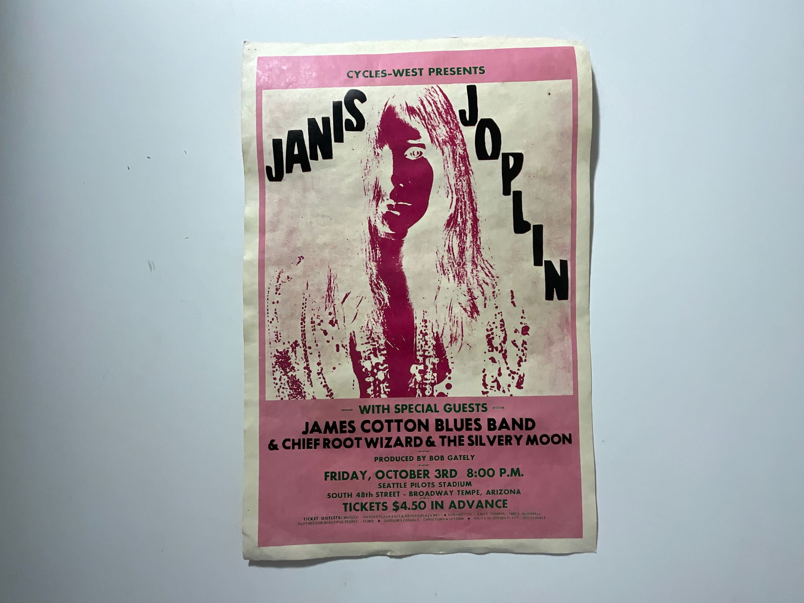 Janis Joplin Concert Poster: Janis Joplin Concert poster, measures 18 x 11 7/8 inches.