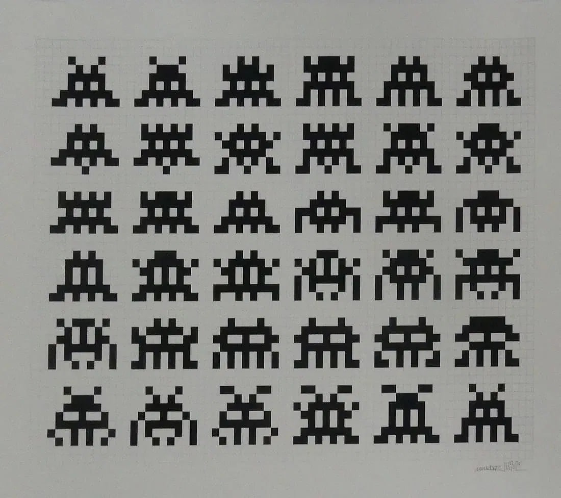 Invader: Repetition Variation Evolution: Invader (French, b. 1969) print on wove paper. Signed in the plate lower right. Sheet measures 34 1/2" x 26 3/8", After Invader.