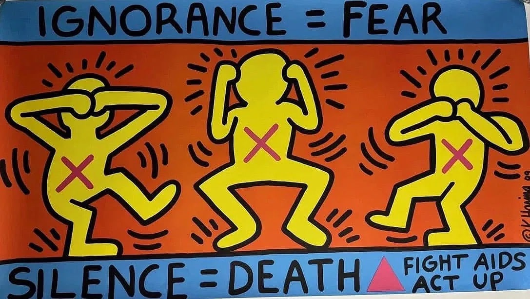 Keith Haring: Ignorance Fear Poster: Measures 23 x 43 inches, mounted to linen.
