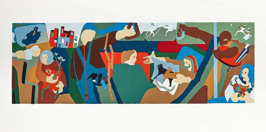 Jacob Lawrence: NY in Transit II: Offset print in colors on Rag paper, unsigned, measures approx 20 x 40 inches.