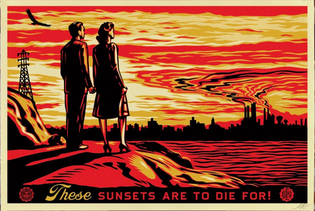 Shepard Fairey: Sunsets: Lithograph in colors, “These Sunsets Are To Die For!", pencil signed, measures 36" x 24" inches.