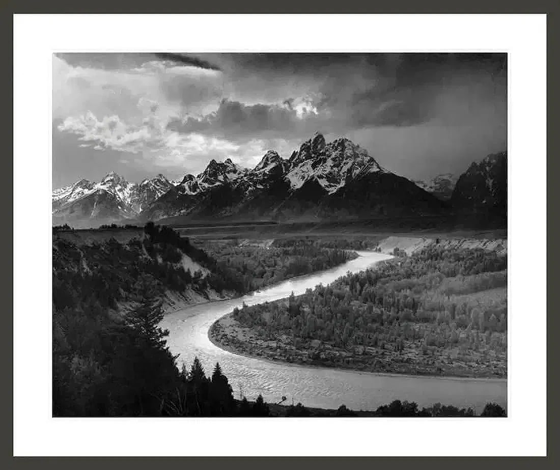 Ansel Adams: Snake River: The Tetons and the Snake River, "1942" Print. 32.25 x 26.00 inches (image), 39.75 x 33.25 inches (framed).