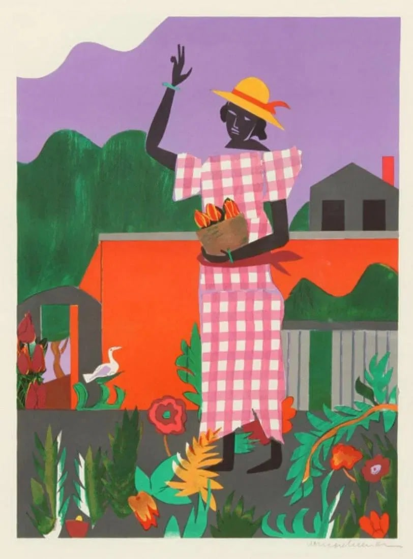 Romare Bearden: Girl in Garden: Girl in the Garden, lithograph on woven paper, 22 x 26 inches, signed in the plate.