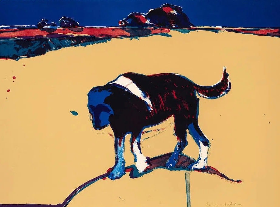 Fritz Scholder: Walking Dog: Fritz Scholder (1977) Walking Dog, print in colors on Arches paper, sheet 22.25 x 30", plate signed.