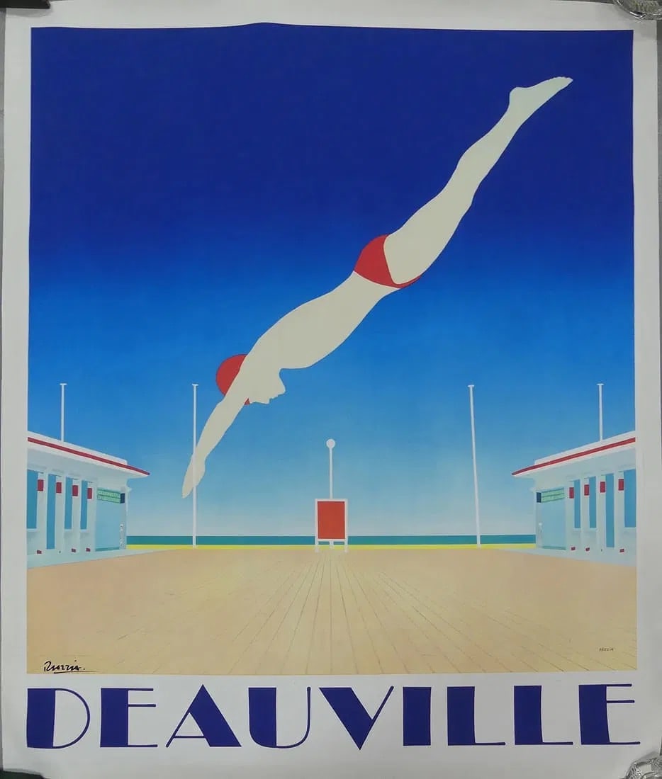 Razzia: Deauville Diver: Gerard Courbouleix-Deneriaz (Razzia) Art Deco litho poster, mounted to canvas, 62.5 x 49", signed.