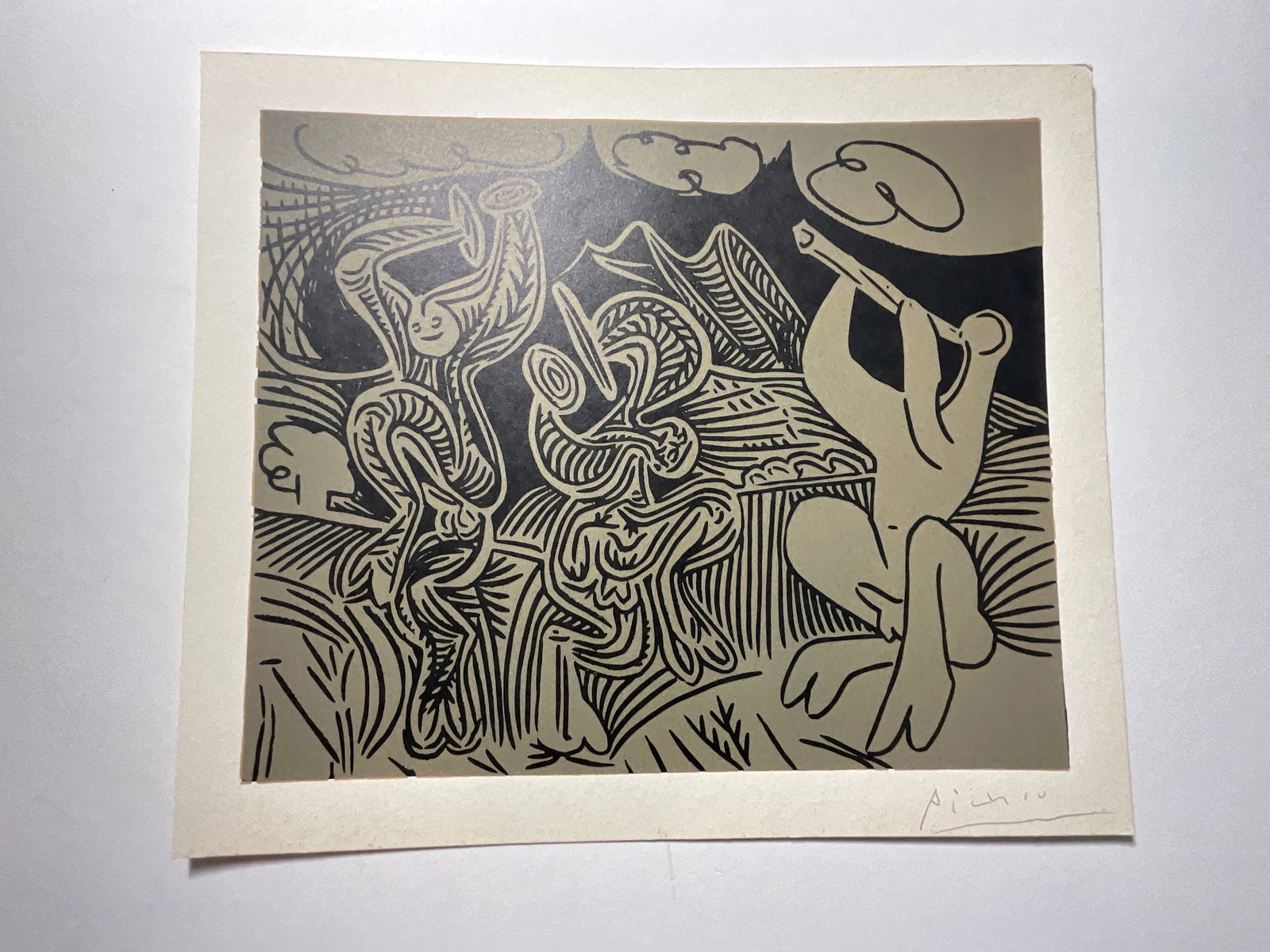 Pablo Picasso: Linocut 1960s: Measures 14.75 x 12.5 inches, signed lower right by the artist.