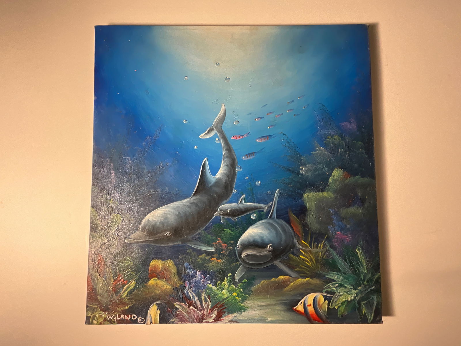 Wyland: Oil on Canvas: Wyland oil on canvas, measures 21 x 20 inches, signed lower left.