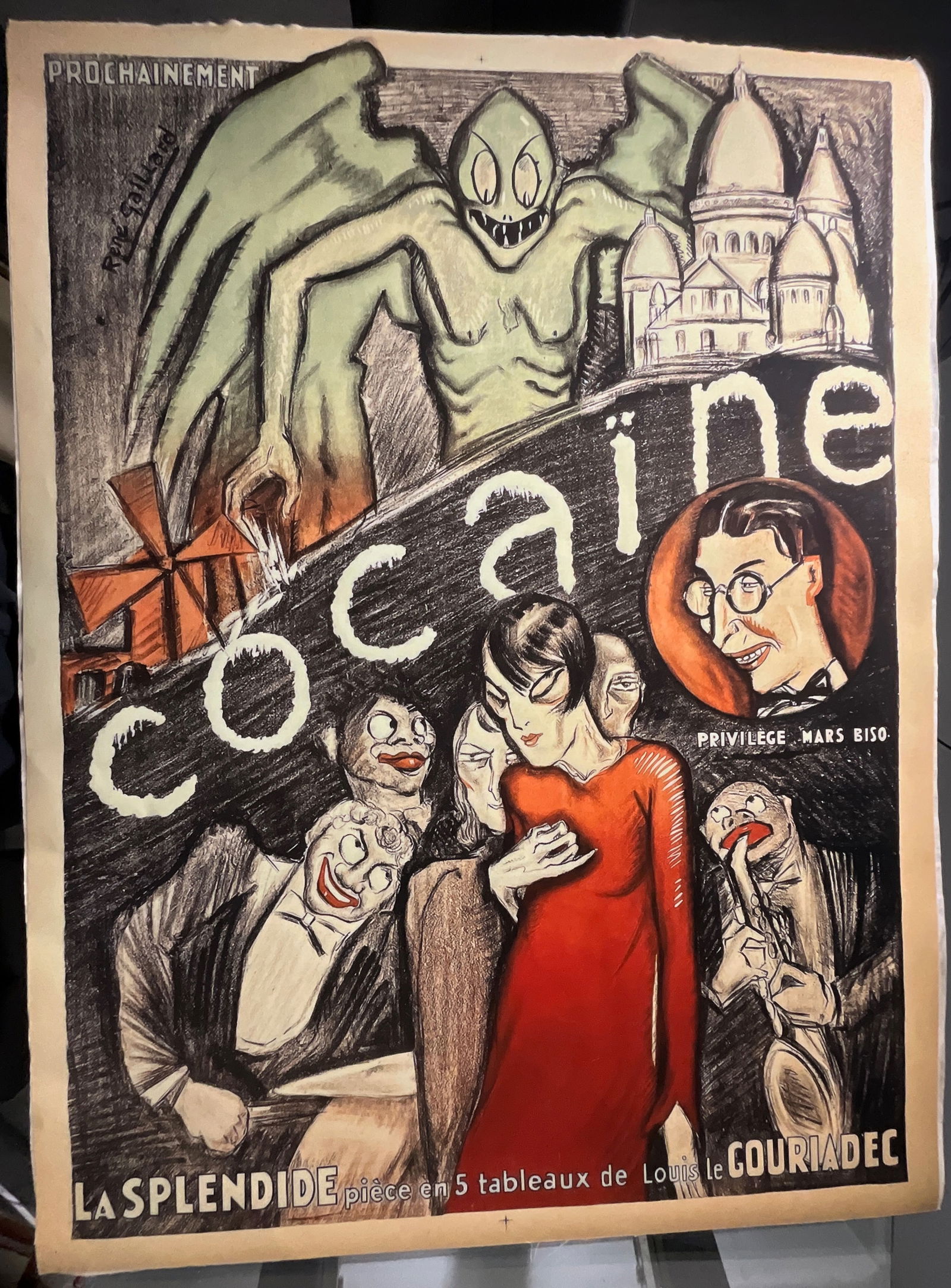 Rene Gaillard: COAINE Poster: Measures 58 x 44", linen backed. French Theater Advertisement; printed after the 1926 original.