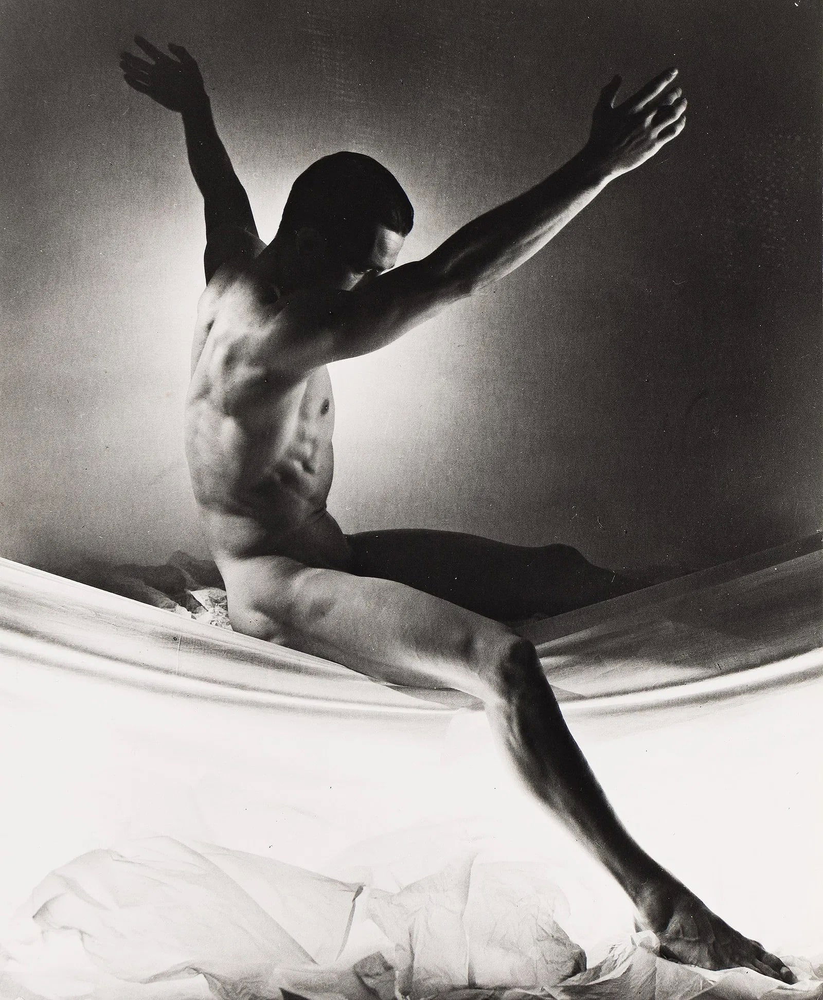 George Platt Lynes: Starkowski: Ted Starkowski (arms up) 1954, Platinum print, 9.5 x 7.75", printed later.