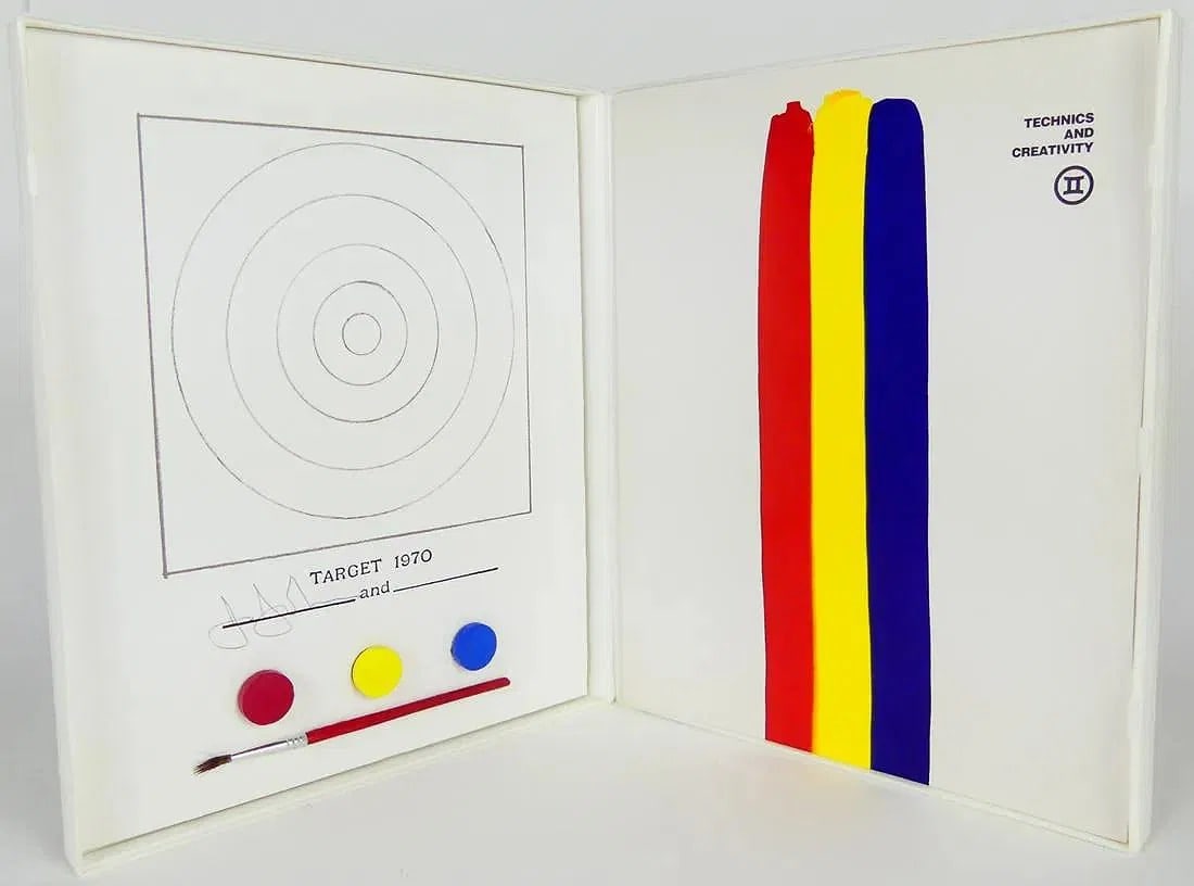 Jasper Johns Target Gemini GEL 1971 Multiple: Johns, Jasper (American, b.1930), Target-from Technics and Creativity: Gemini G.E.L., 1971, published by the Museum of Modern Art, complete with Target offset lithograph multiple by Jasper Johns, pape