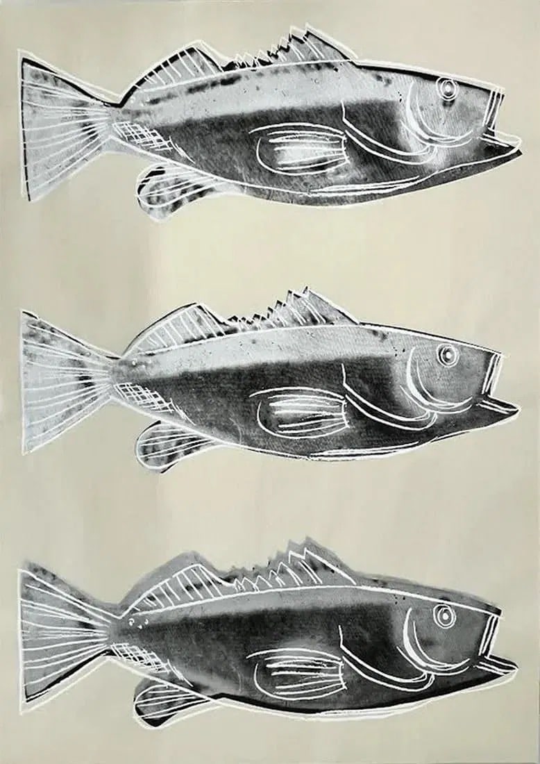 Andy Warhol - Triple Fish Screenprint on wallpaper After: Measures 42 x 30 inches, mounted to linen, after Warhol