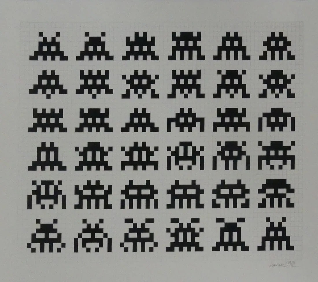 INVADER 'REPETITION VARIATION EVOLUTION, After: Invader (French, b. 1969) 'Repetition Variation Evolution' print on wove paper. Signed in the plate lower right. Sheet measures 34 1/2" x 26 3/8", After Invader