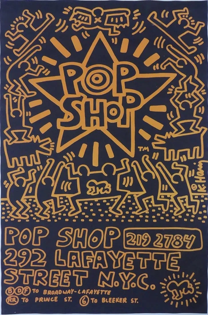 KEITH HARING 'POP SHOP' POSTER: Keith Haring 'Pop Shop' poster for Haring's Lafayette St shop in New York City. Sheet measures 32 3/4" x 20 3/4".