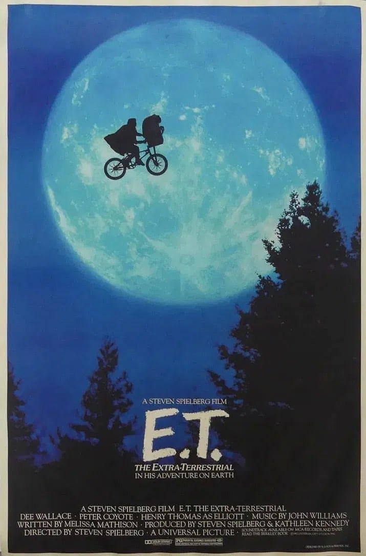 E.T. SPIELBERG & BARRYMORE MOVIE POSTER: ET The Extra-terrestrial in His Adventures on Earth movie poster. Print date unknown. Sheet measures approx 40 x 26 inches