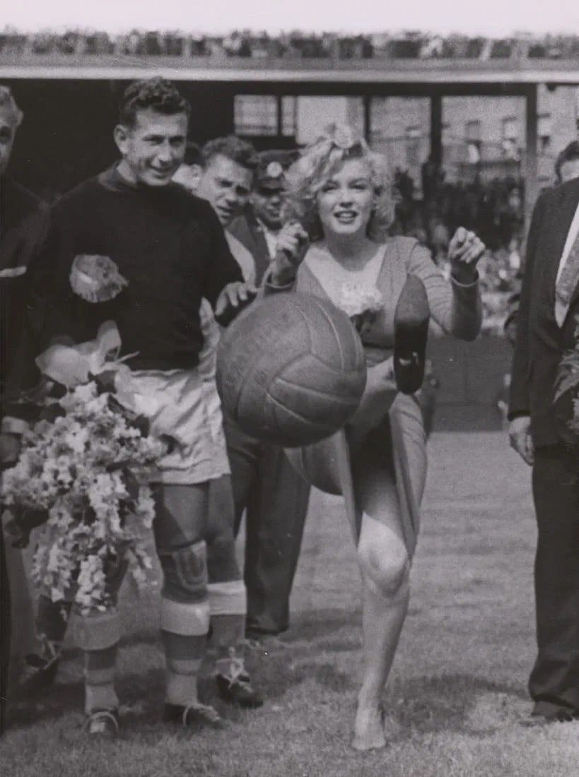 Marilyn Monroe 1957 Wire Photo Kicking Soccer Ball: Measures 10 x 8 inches, photo print on glossy paper, mounted to foam board