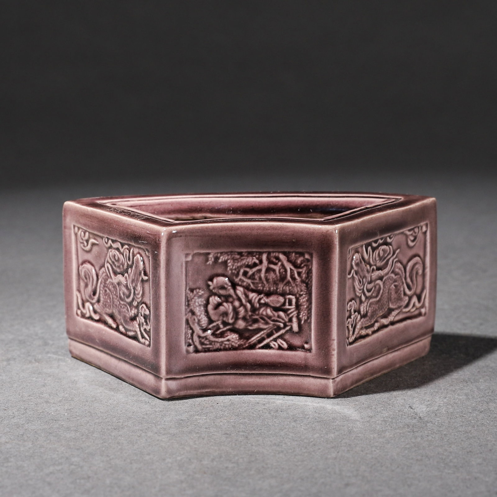 QING DYNASTY PORCELAIN WATER WASHER WITH LANDSCAPE AND FISHING SCENE: L: 10.3cm W: 5.5cm H: 4.6cm WT: 240g