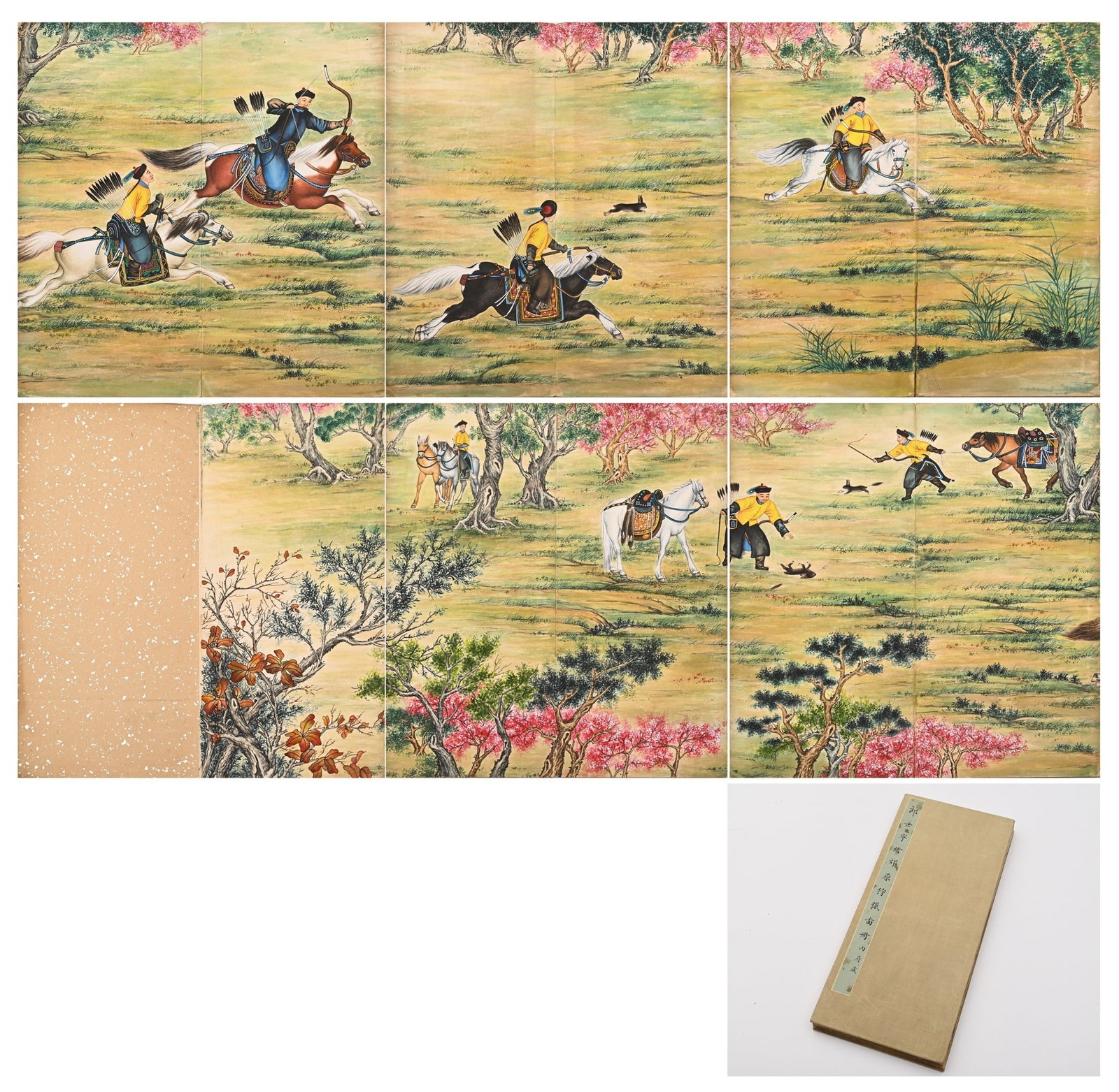 An Eight-Leaf Album of Hunting Scene Paintings by Giuseppe Castiglione, Qing Dynasty: L 39.0cm (15.35 in); W 18.0cm (7.09 in)This Qing Dynasty eight-leaf colored album is created by court painter Giuseppe Castiglione, blending Western realism and Chinese fine brushwork. It depicts impe