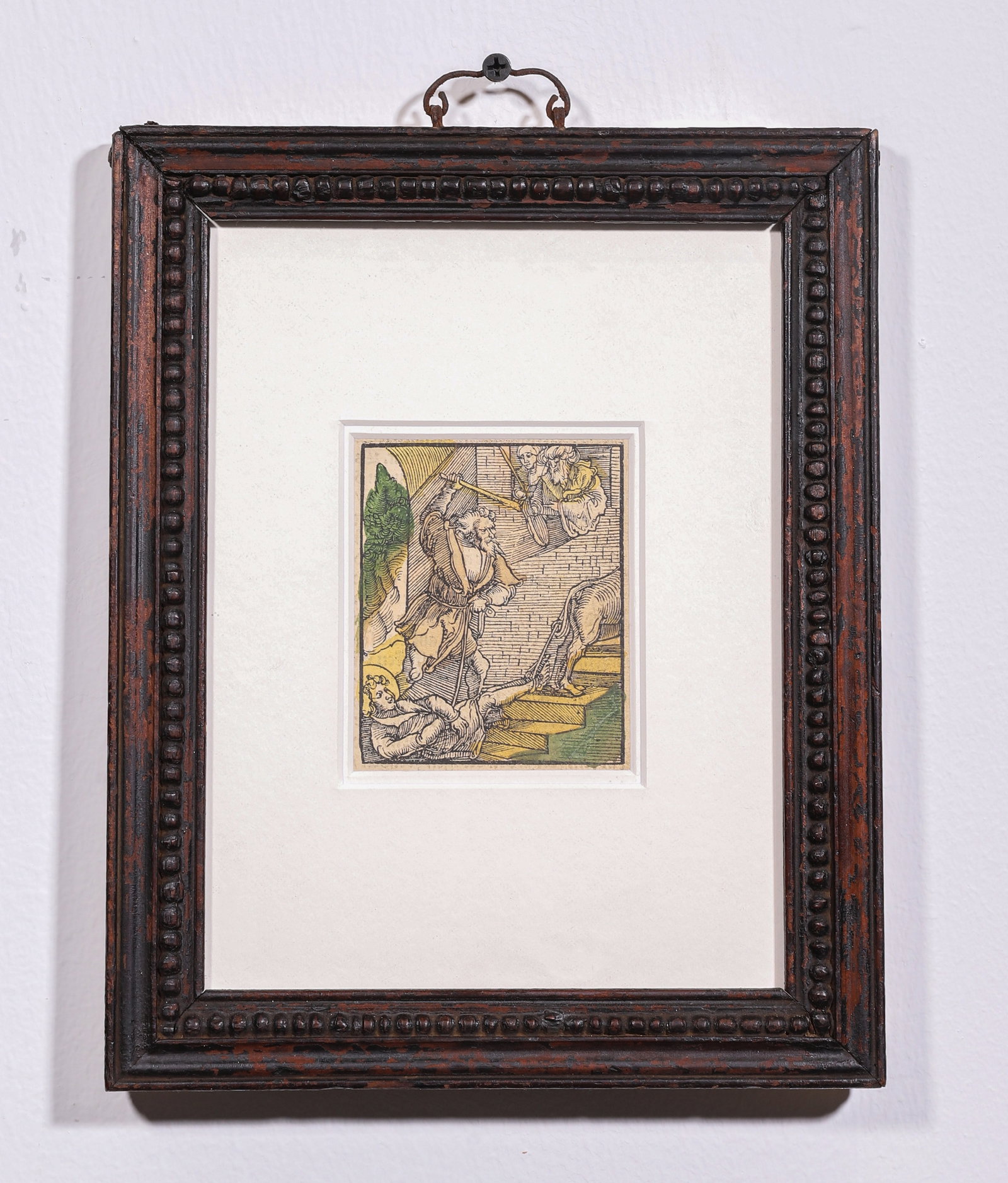 THE SACRIFICE OF ISAAC, 1500 GERMAN WOODCUT: Fr.25x20.5cm Img.8x7cm (9.84x8.07 in , 0.82x0.67 ft | 3.15x2.76 in , 0.26x0.23 ft),The scene depicts the martyrdom of Saint Saturninus of Toulouse, an early Christian martyr. According to Catholic hag