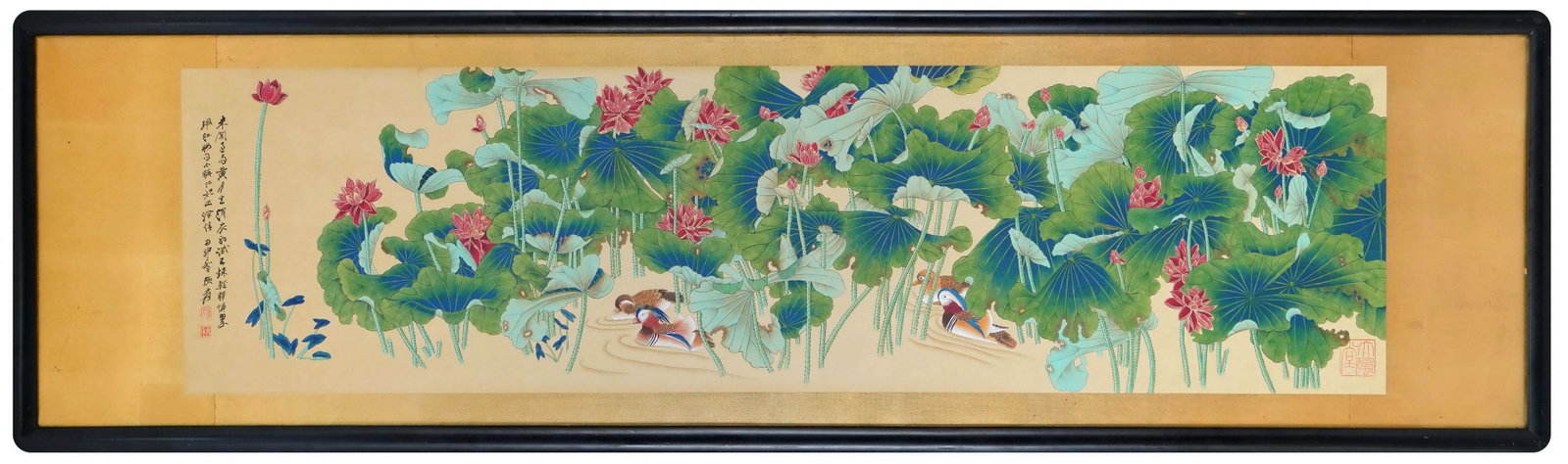 RED LOTUS AND MANDARIN DUCKS, GONGBI PAINTING BY ZHANG DAQIAN, 1975, FRAMED: 55.12 x 14.17 in (140 x 36 cm)A fine 1975 Gongbi work by Zhang Daqian on gold paper. Vivid red lotuses and colorful mandarin ducks symbolize marital bliss. Inscribed, sealed, and in original frame, hi
