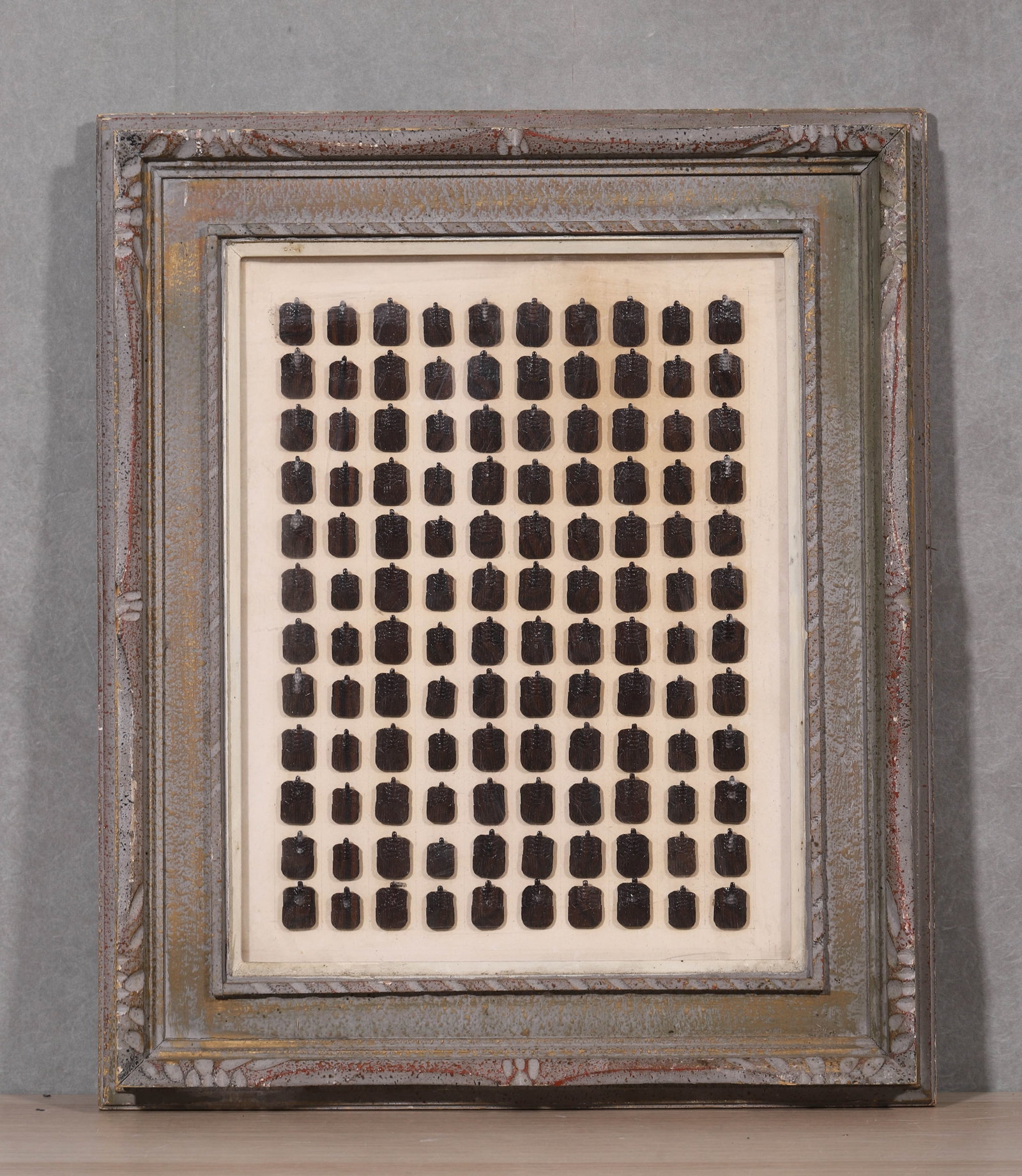CONTEMPORARY MIXED MEDIA RELIEF ASSEMBLAGE, UNKNOWN ARTIST, VINTAGE DISTRESSED CARVED WOOD FRAME: Frame L 57.00cm (22.44 in); W 47.00cm (18.50 in); Painting L 41.00cm (16.14 in); W 31.00cm (12.20 in),The work retains original canvas and period frame with natural signs of age. The painting surface 