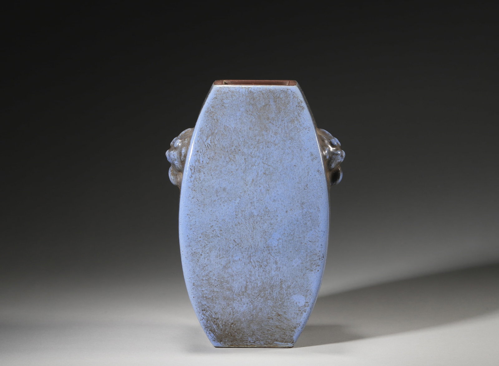 QING DYNASTY PURPLE CLAY BLUE GLAZED ANIMAL HEAD HANDLE ZUN VESSEL: Length 9cm Height 16cm