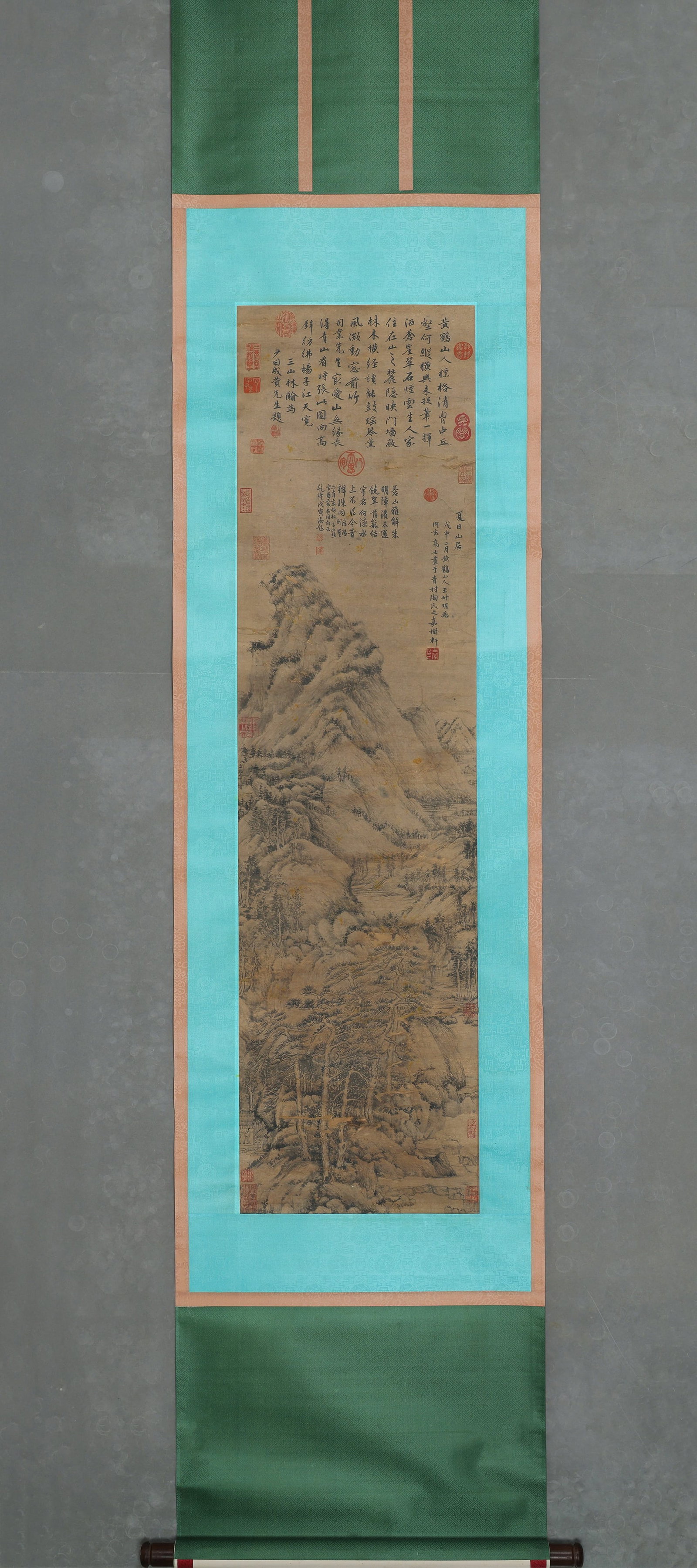 A Landscape Hanging Scroll "Summer Mountain Dwelling" Attributed to Wang Meng, Yuan Dynasty: Painting Core SizeL 135cm (53.15 in); W 36cm (14.17 in)A Yuan Dynasty hanging scroll attributed to Wang Meng, depicting a summer mountain landscape with layered brushwork and dense textures. With rich