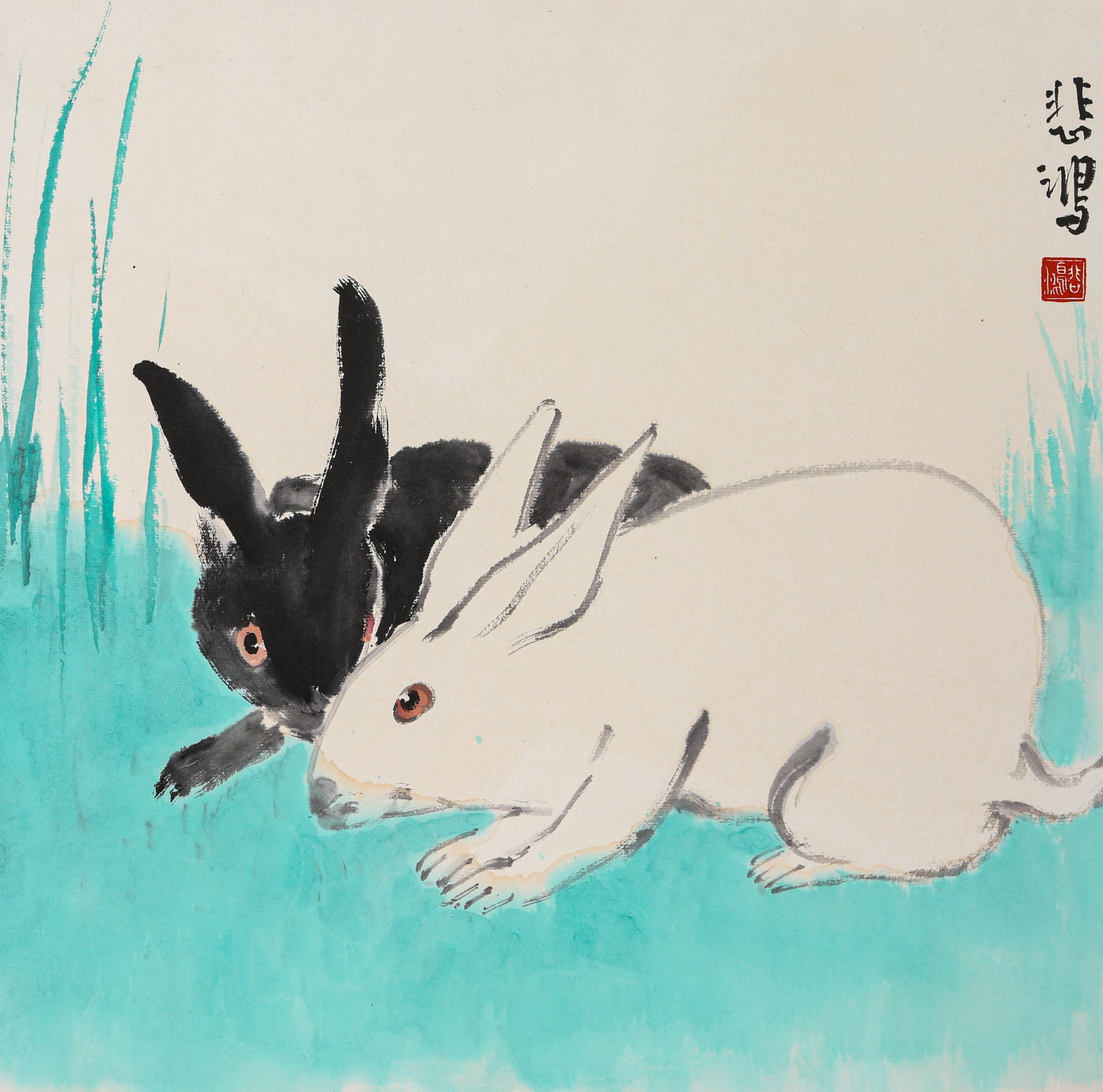 Xu Beihong (1895-1953), attributed to, Two Rabbits: Xu Beihong (1895-1953), attributed to, Two Rabbits Provenance: From the esteemed former collection of a key institution in the Kansai region committed to fostering cultural exchange between China and 