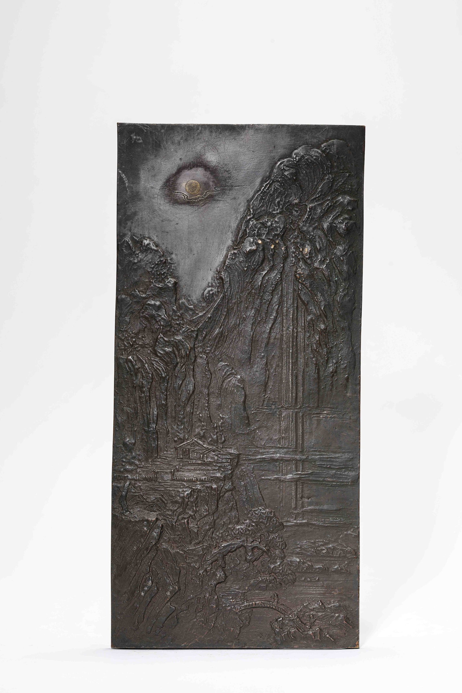A Bronze 'Landscape and Figures' Plaque: A Bronze 'Landscape and Figures' Plaque Dimensions: Weight: 2.35g. Width: 18.5 cm (7.28 in) x Height: 39.3 cm (15.47 in). All measurements are approximate.