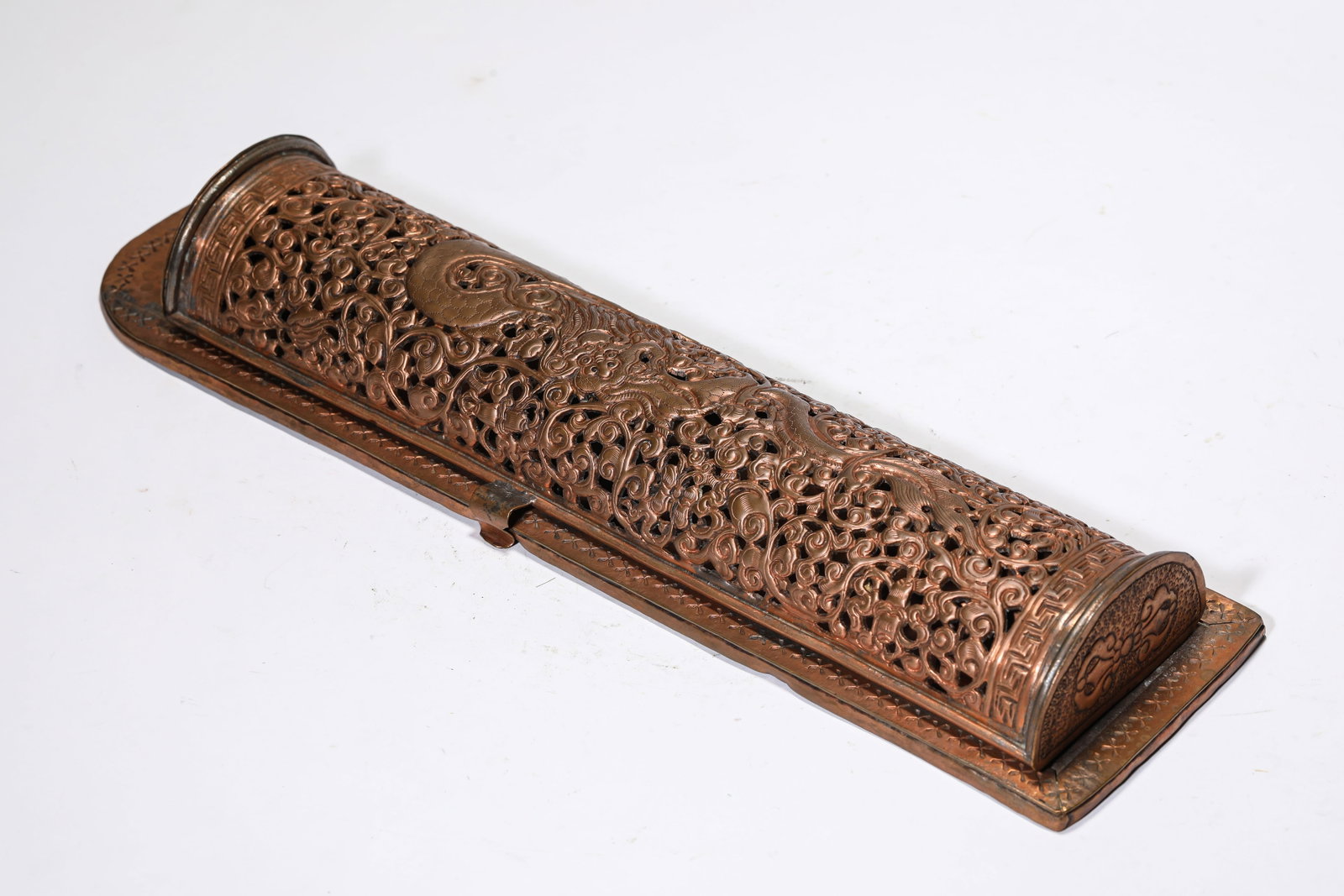 A Bronze 'Floral and Dragon' Incense Holder: A Bronze 'Floral and Dragon' Incense Holder Dimensions: Weight: 633g. Length: 10.0 cm (3.94 in) x Width: 4.7 cm (1.85 in) x Height: 37.7 cm (14.84 in). All measurements are approximate.