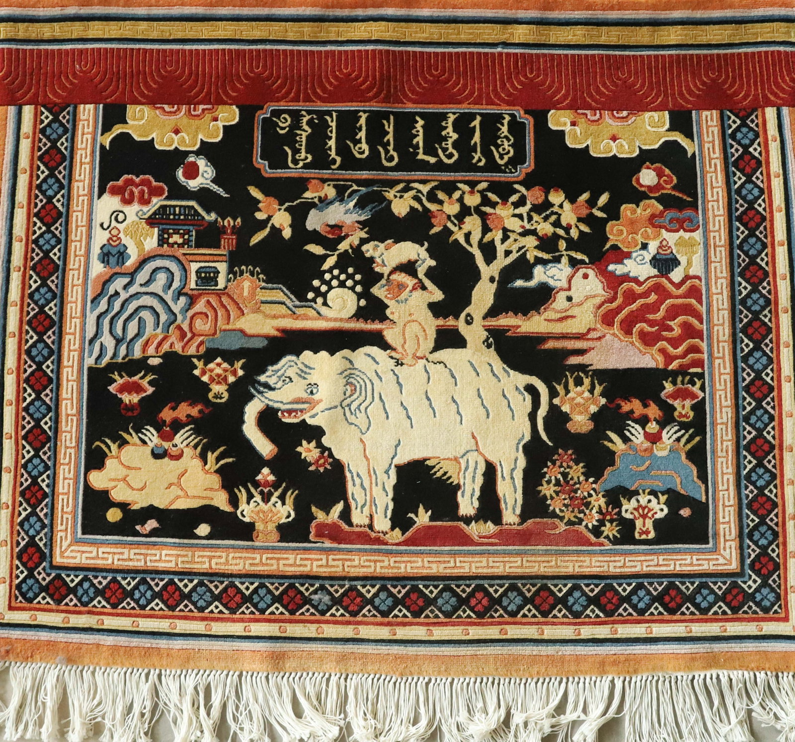 Hand-Knotted Woolen Tapestry With Tibetan Four Harmonious Animals Motif: Hand-Knotted Woolen Tapestry With Tibetan Four Harmonious Animals Motif WOOL,1.2x1.5 M, 3.94x4.92 FT,WT:5.2kg