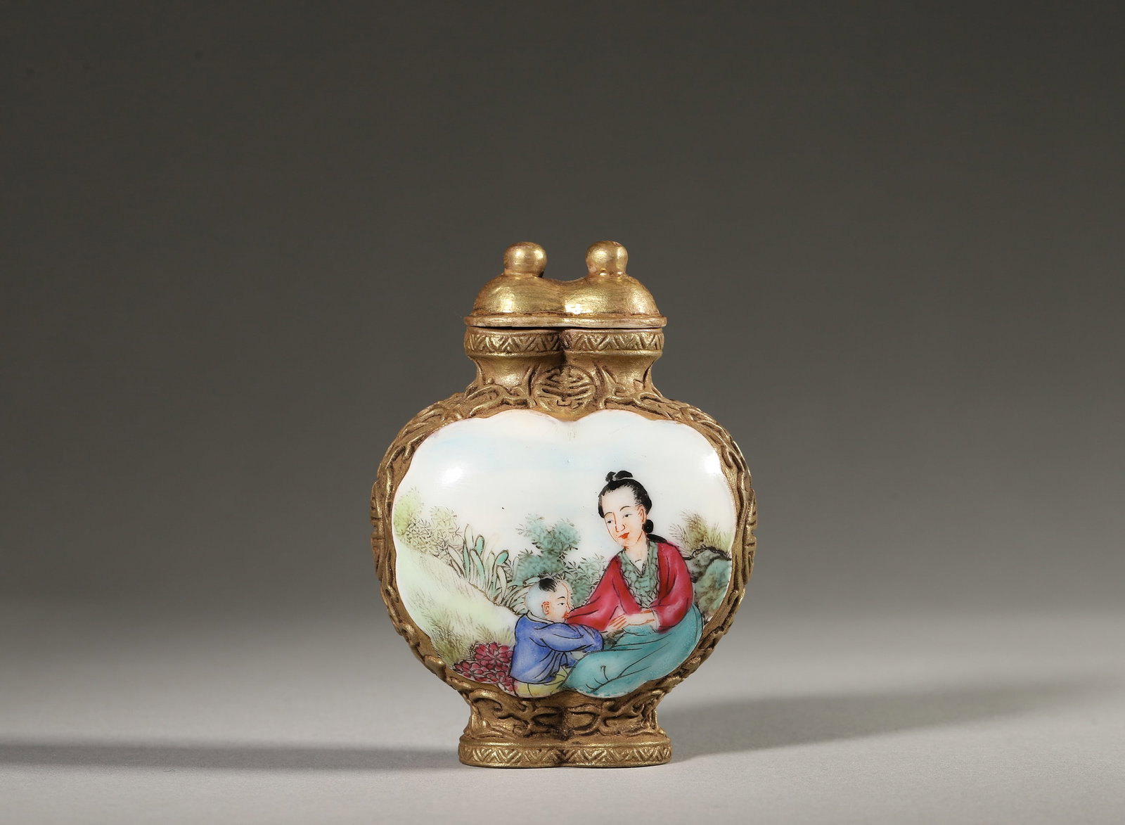 18th Century Yangcai Enamel Cartouche Double Conjoined Snuff Bottle with Maternal Love and Filial (1 of 7)
