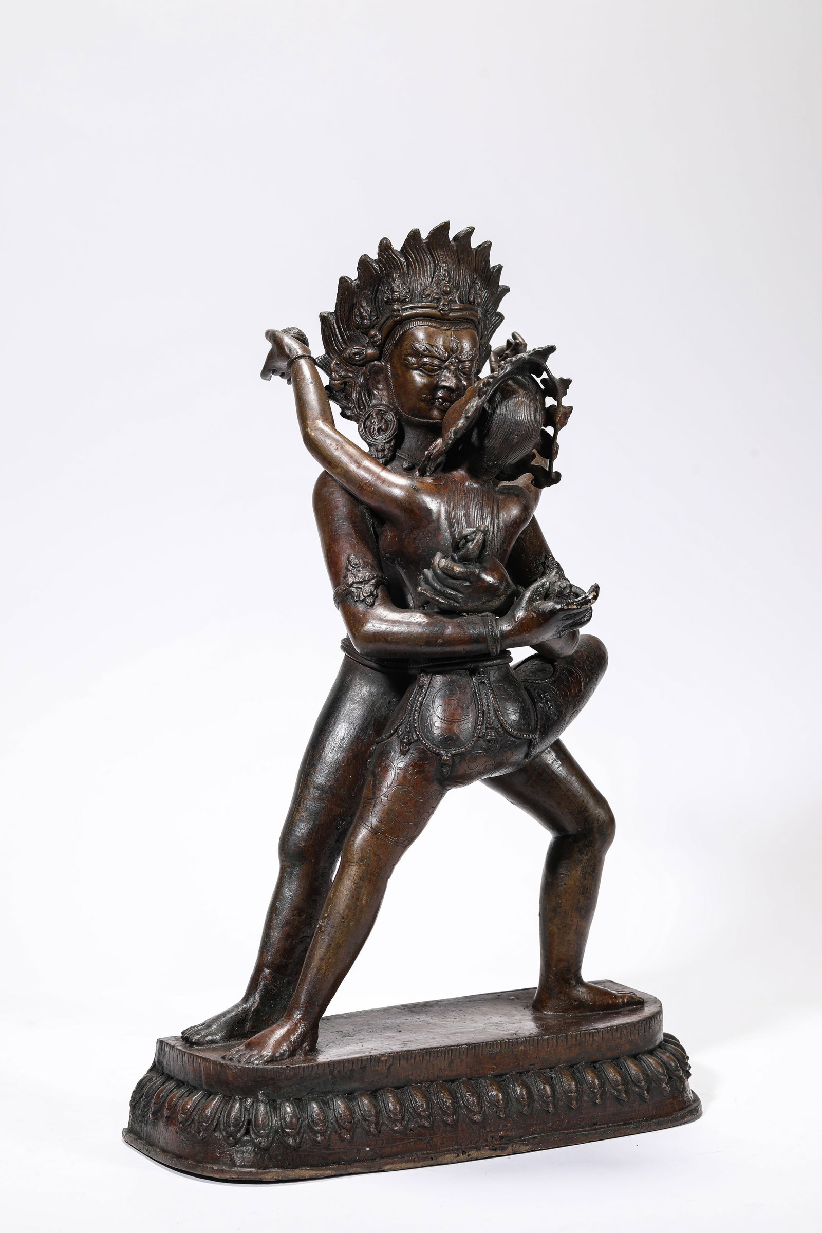 A Bronze Figure of Chakrasamvara: A Bronze Figure of Chakrasamvara Dimensions: Weight: 4.55kg. Length: 26.0 cm (10.24 in) x Width: 16.5 cm (6.50 in) x Height: 40.0 cm (15.75 in). All measurements are approximate.