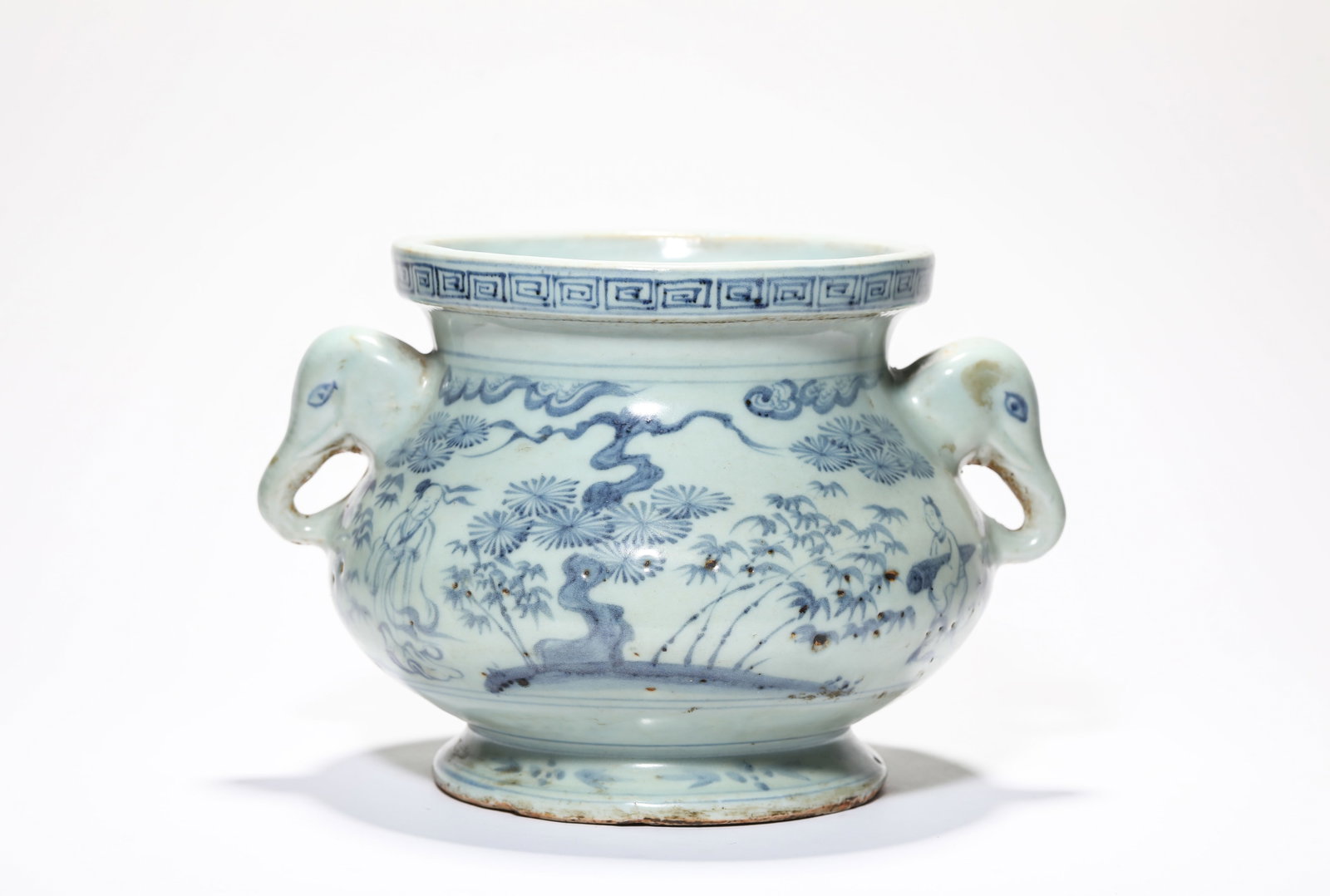 A Blue and White 'Narrative Scene' Censer: A Blue and White 'Narrative Scene' Censer Dimensions: Length: 22.5 cm (8.86 in) x Width: 17.8 cm (7.01 in) x Height: 15.0 cm (5.91 in). All measurements are approximate.