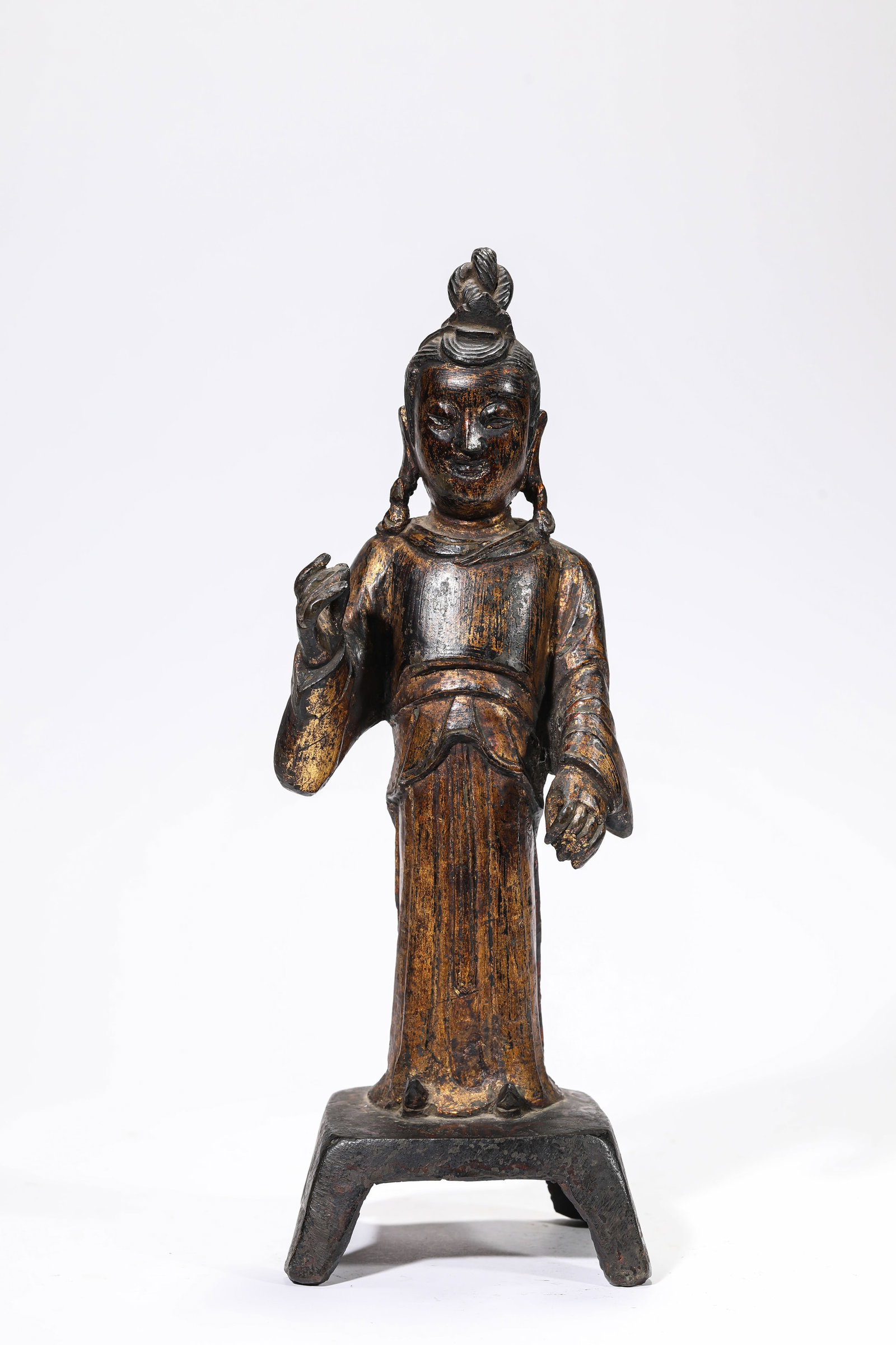 A Gilt-Bronze Figure of a Bodhisattva: A Gilt-Bronze Figure of a Bodhisattva Dimensions: Weight: 2651g. Length: 12.3 cm (4.84 in) x Width: 9.9 cm (3.90 in) x Height: 35.0 cm (13.78 in). All measurements are approximate.