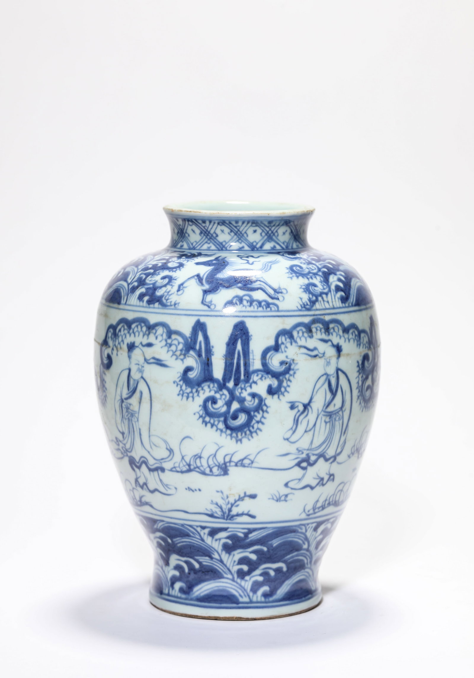 A Blue and White 'Narrative Scene' Jar: A Blue and White 'Narrative Scene' Jar Dimensions: Width: 14.6 cm (5.75 in) x Height: 20.8 cm (8.19 in). All measurements are approximate.