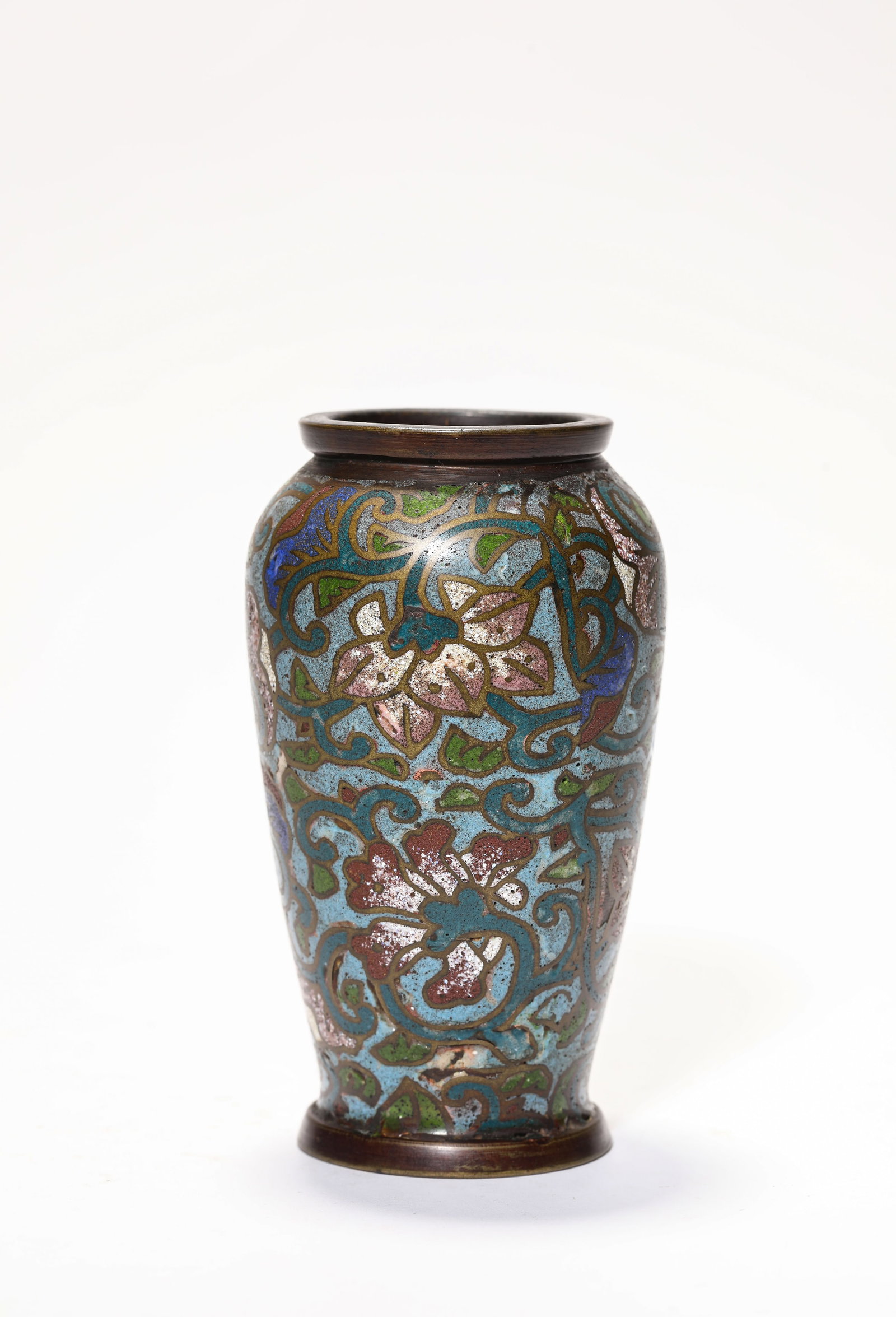 A Copper-Bodied Enamel Vase: A Copper-Bodied Enamel Vase Dimensions: Weight: 388g. Width: 7.3 cm (2.87 in) x Height: 12.5 cm (4.92 in). All measurements are approximate.