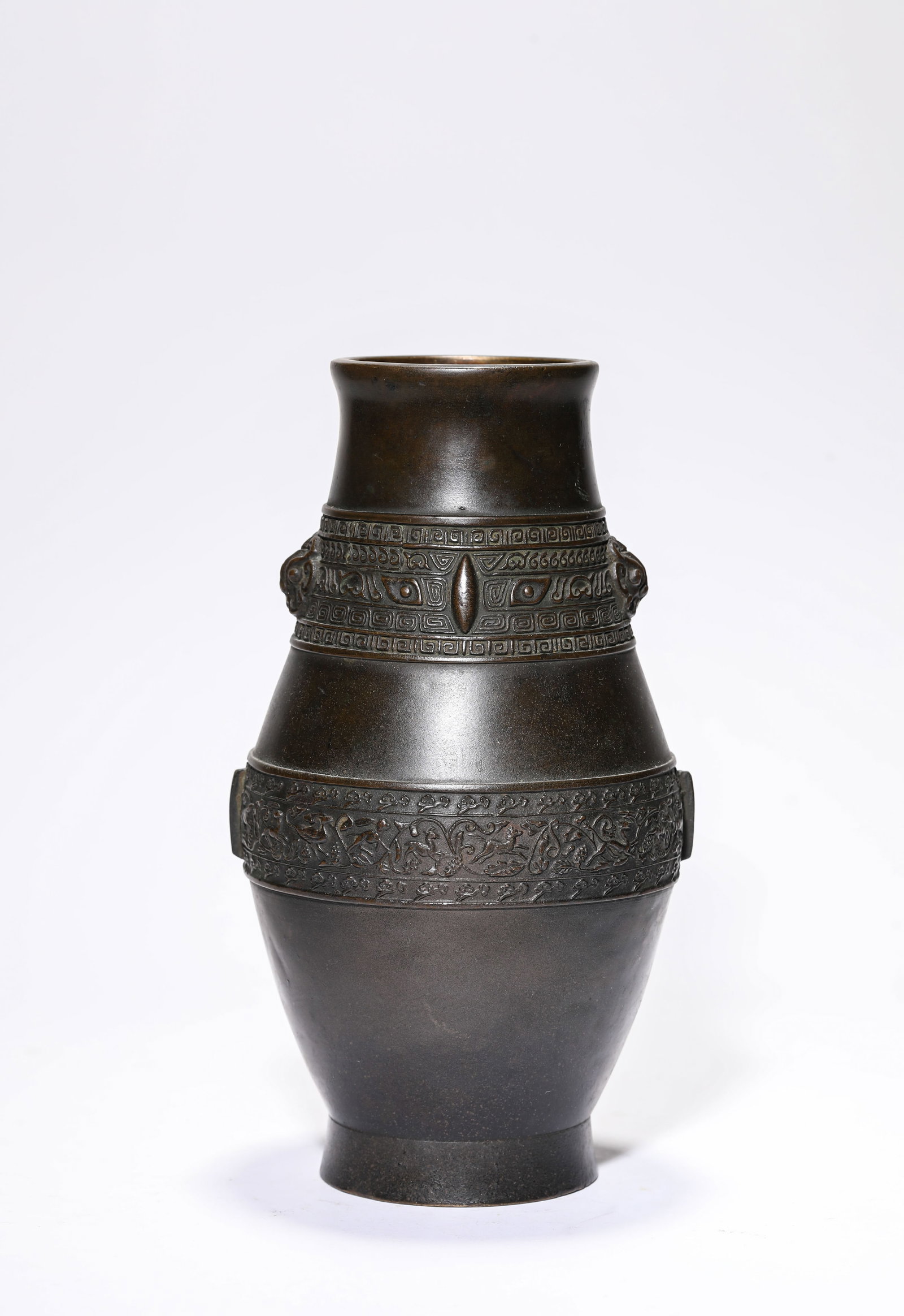 A Bronze 'Auspicious Beast' Vase: A Bronze 'Auspicious Beast' Vase Dimensions: Weight: 1189g. Length: 13.4 cm (5.28 in) x Width: 12.7 cm (5.00 in) x Height: 23.6 cm (9.29 in). All measurements are approximate.