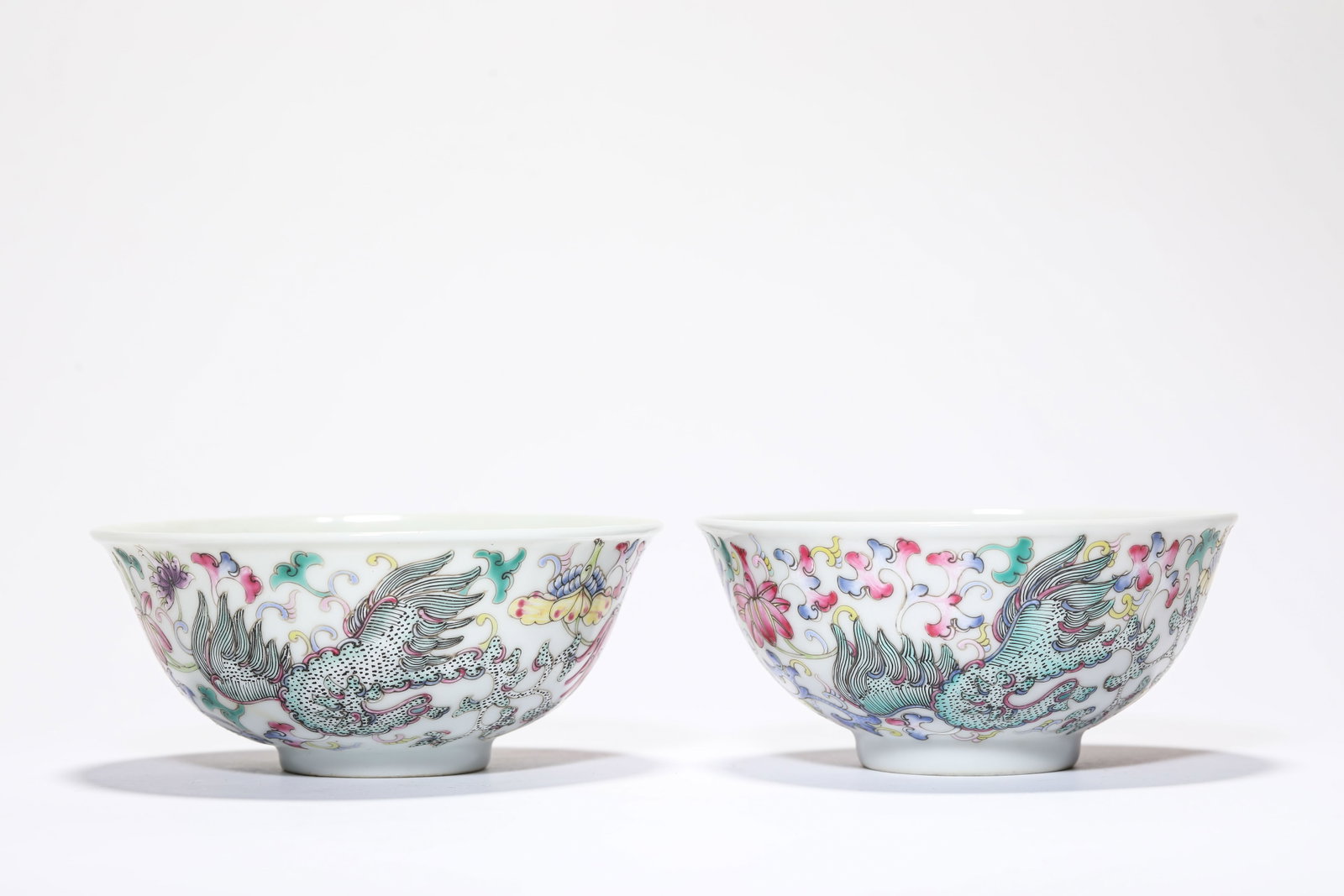 A Pair of Famille-Rose 'Phoenix' Bowls: A Pair of Famille-Rose 'Phoenix' Bowls Dimensions: Width: 11.4 cm (4.49 in) x Height: 5.3 cm (2.09 in). All measurements are approximate.