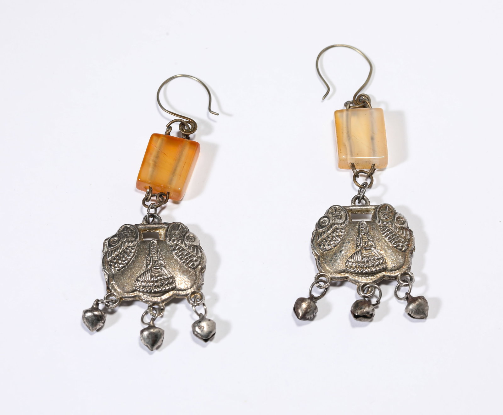 A Pair of Silver 'Longevity Lock' and Agate Earrings: A Pair of Silver 'Longevity Lock' and Agate Earrings Dimensions: Width: 2.8 cm (1.10 in) x Height: 9.2 cm (3.62 in). All measurements are approximate.