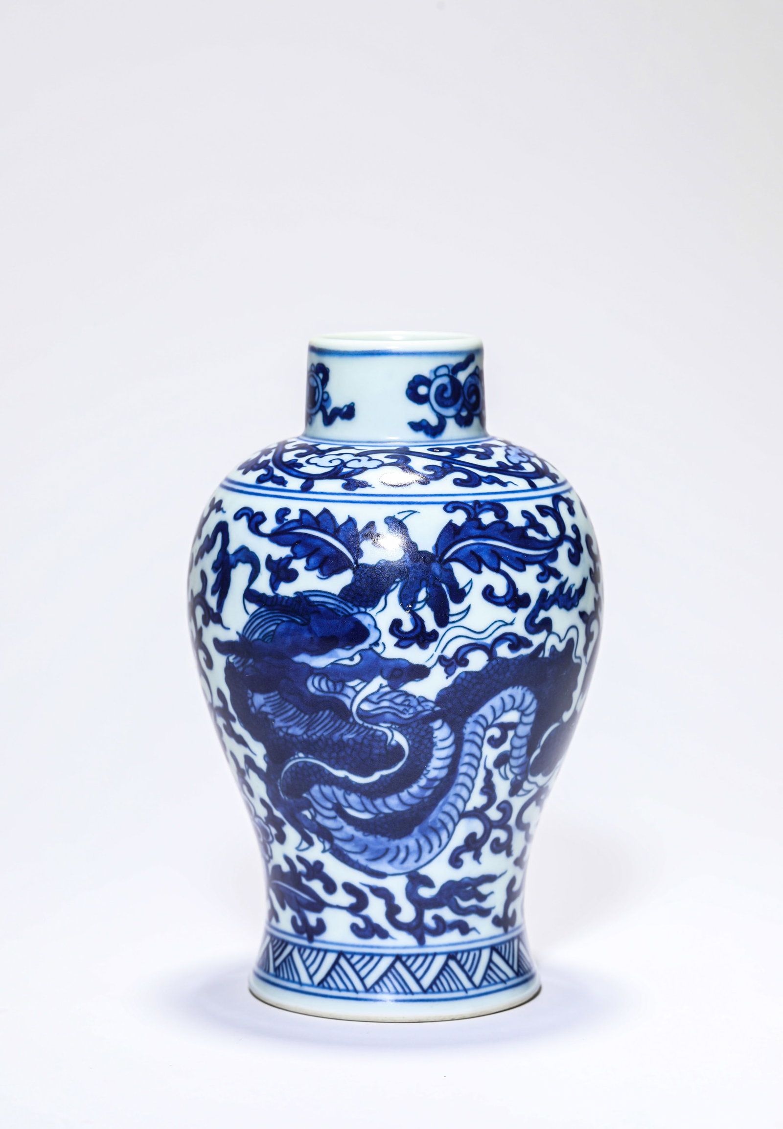 A Blue and White 'Dragon and Phoenix Amidst Interlocking Lotus' Meiping (1 of 6)
