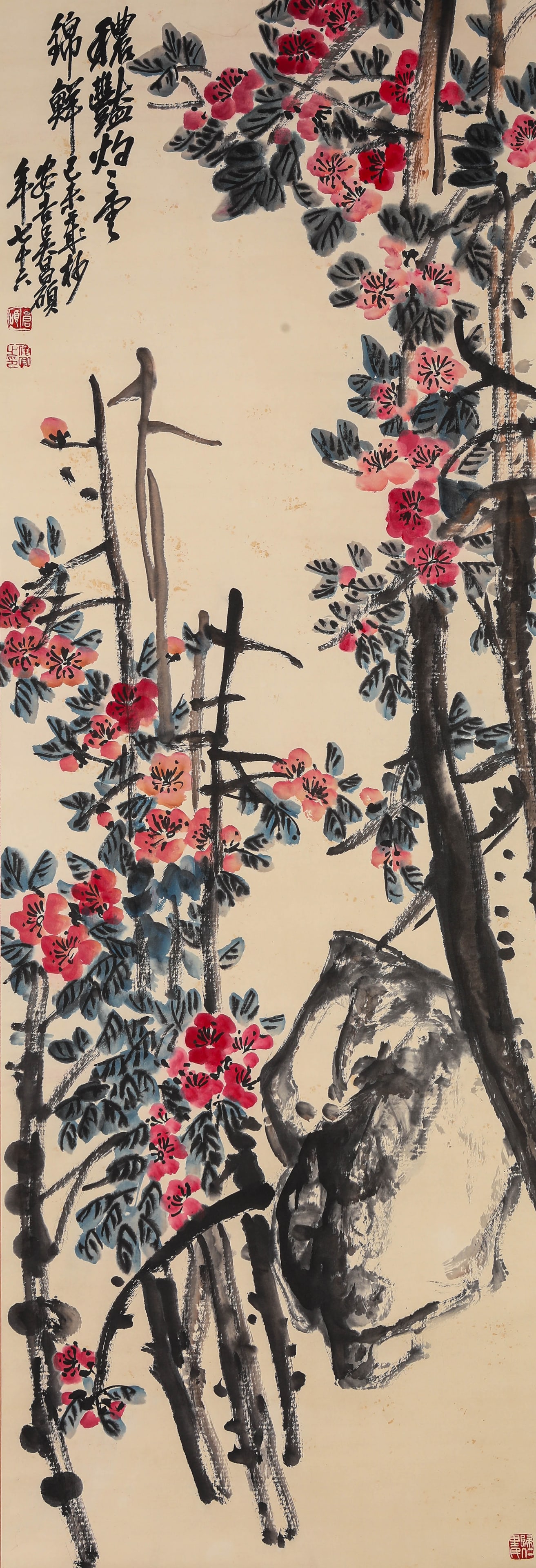 Wu Changshuo (1844-1927), attributed to, Flowers: Wu Changshuo (1844-1927), attributed to, Flowers Dimensions: Width: 47 cm x Height: 137 cm. All measurements are approximate.