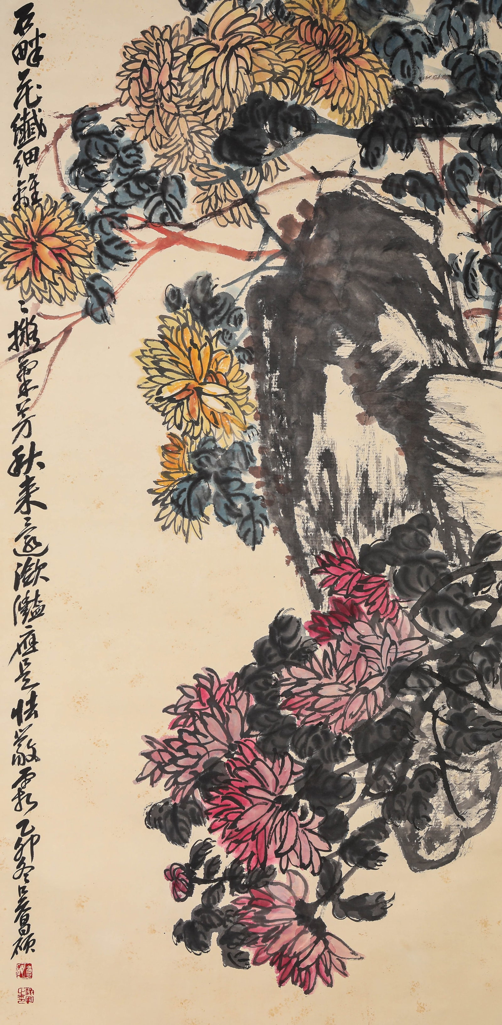 Wu Changshuo (1844-1927), attributed to, Autumn Chrysanthemums: Wu Changshuo (1844-1927), attributed to, Autumn Chrysanthemums Dimensions: Width: 67 cm x Height: 135 cm. All measurements are approximate.
