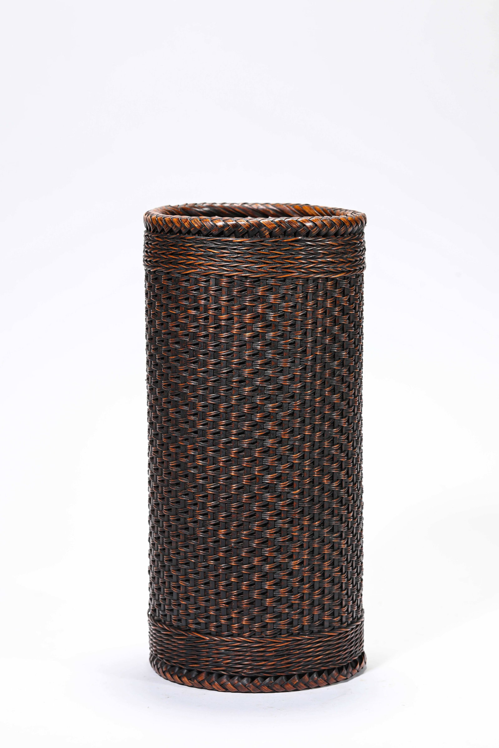 A Woven Bamboo Cylinder: A Woven Bamboo Cylinder Dimensions: Width: 11.8 cm (4.65 in) x Height: 25.3 cm (9.96 in). All measurements are approximate.