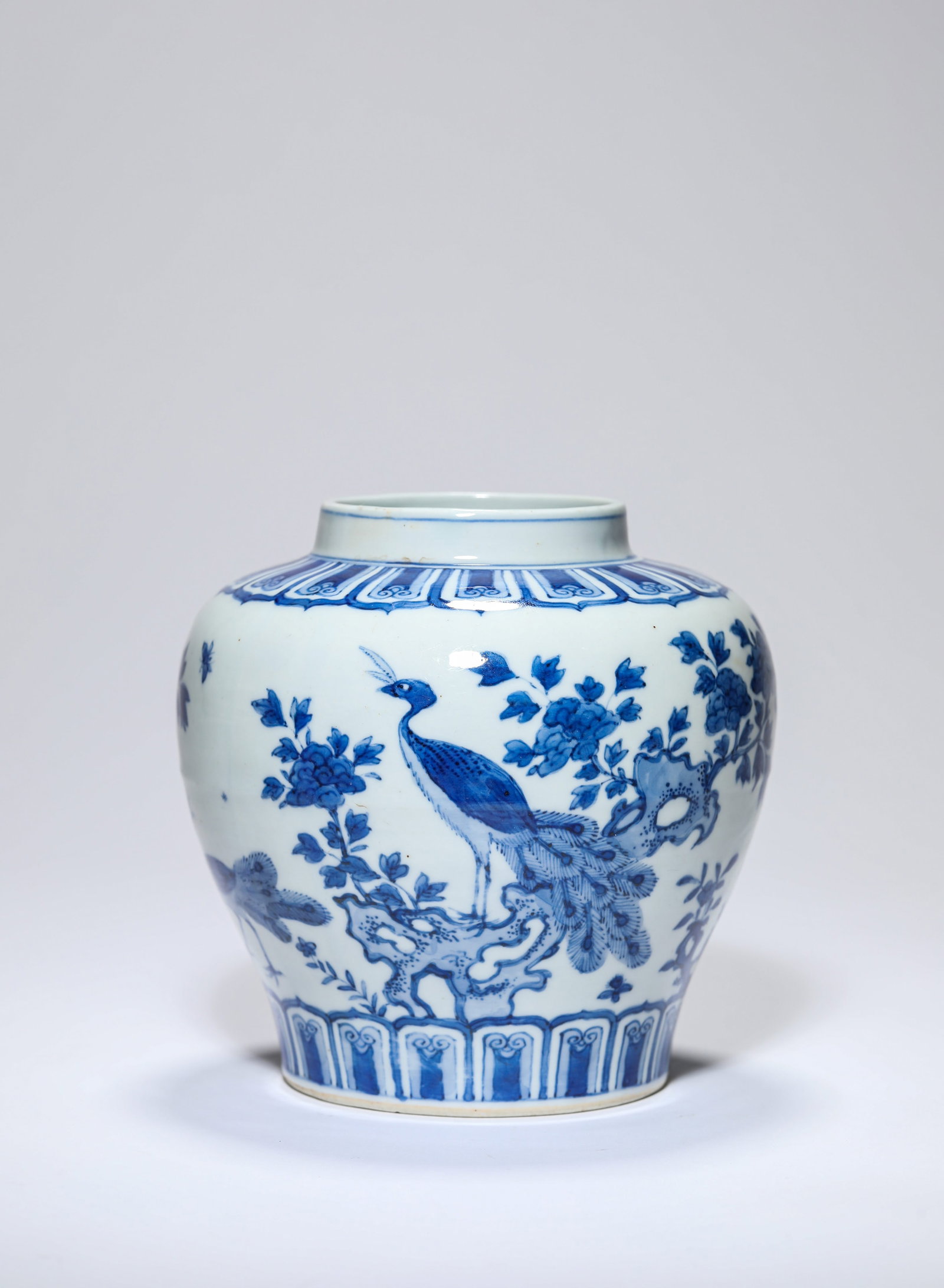A Blue and White 'Flowers and Birds' Small Jar: A Blue and White 'Flowers and Birds' Small Jar Dimensions: Height: 13.5 cm (5.31 in) x Width: 13.0 cm (5.12 in). All measurements are approximate.
