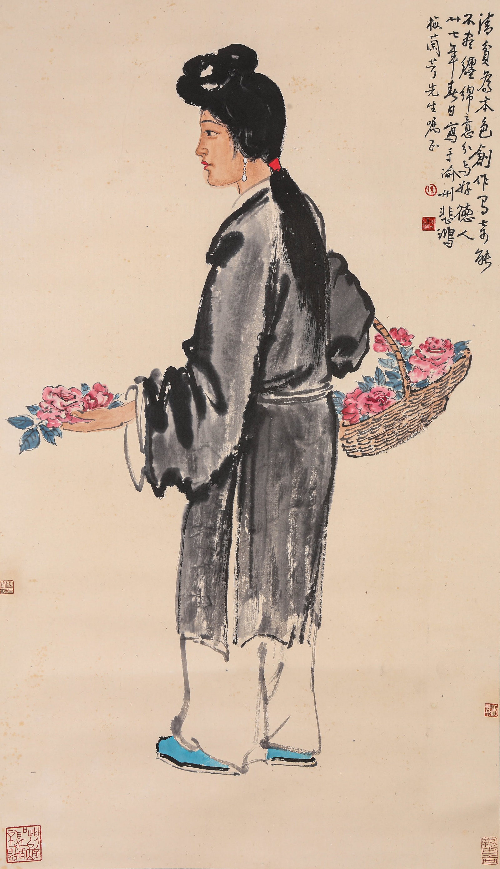 Xu Beihong (1895-1953), attributed to, Flower Seller: Xu Beihong (1895-1953), attributed to, Flower Seller Dimensions: Width: 55 cm x Height: 97 cm. All measurements are approximate.