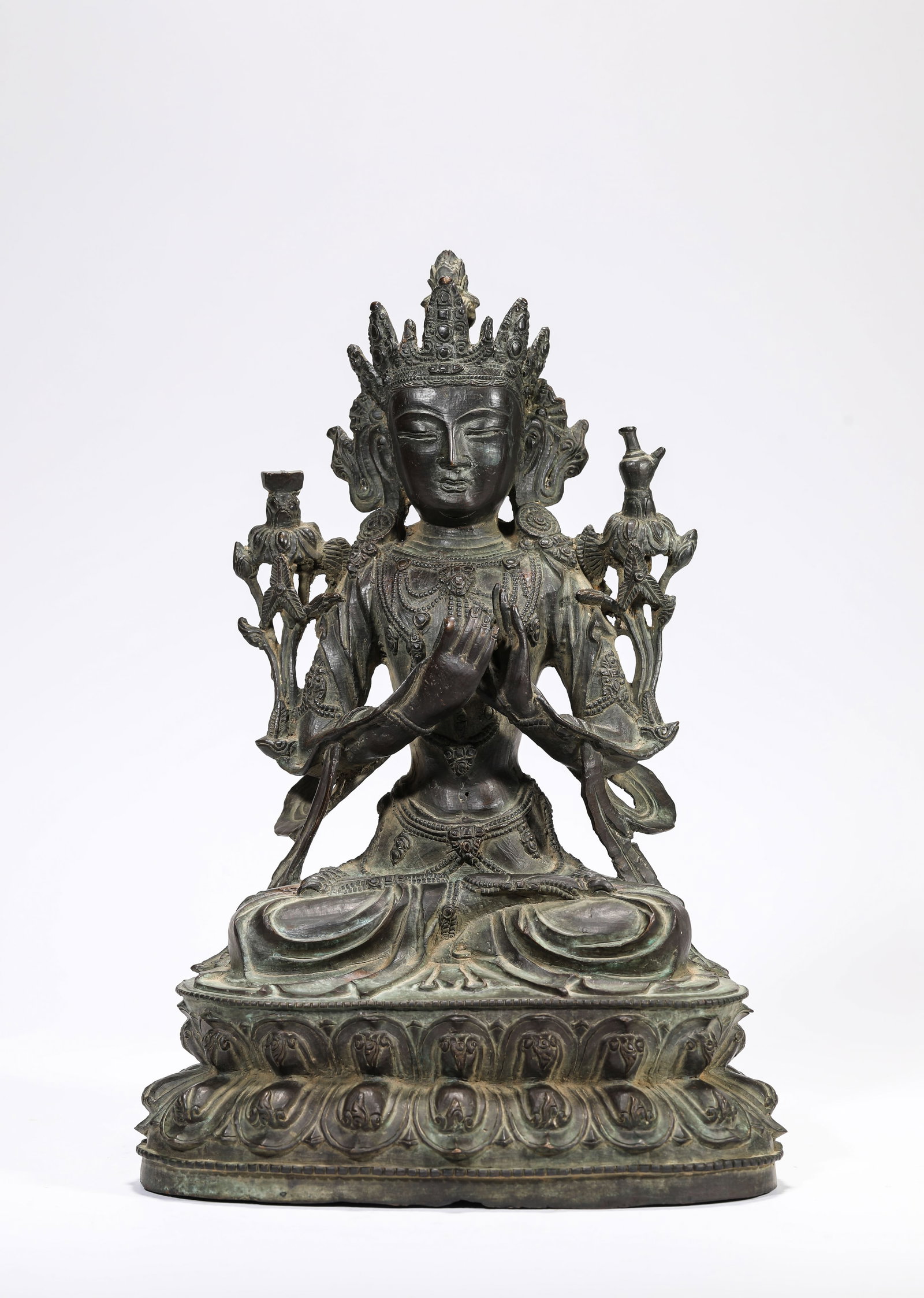 A Bronze Figure of Manjushri: A Bronze Figure of Manjushri Dimensions: Weight: 4.25kg. Length: 20.5 cm (8.07 in) x Width: 14.0 cm (5.51 in) x Height: 30.0 cm (11.81 in). All measurements are approximate.